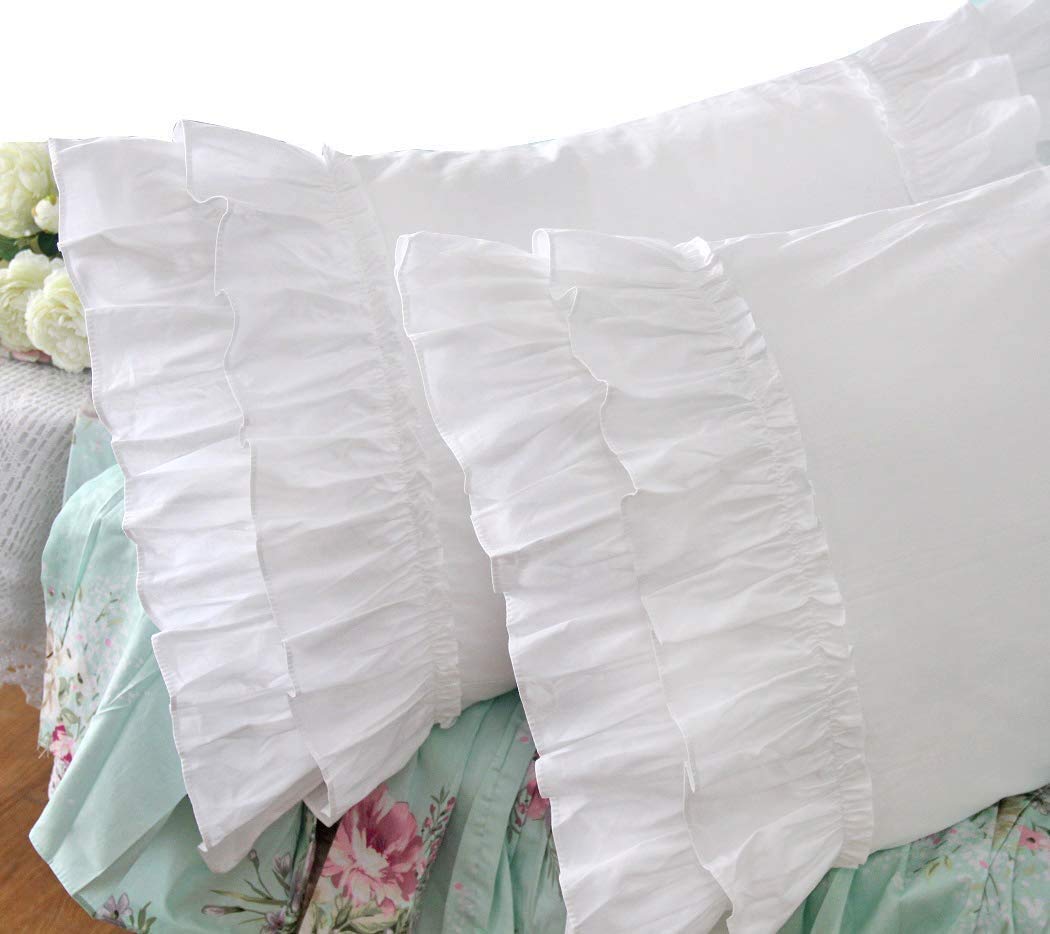 Queen's House White Ruffle Pillow Shams - Set of 2 Cotton Pillowcases for Bedroom Decor
