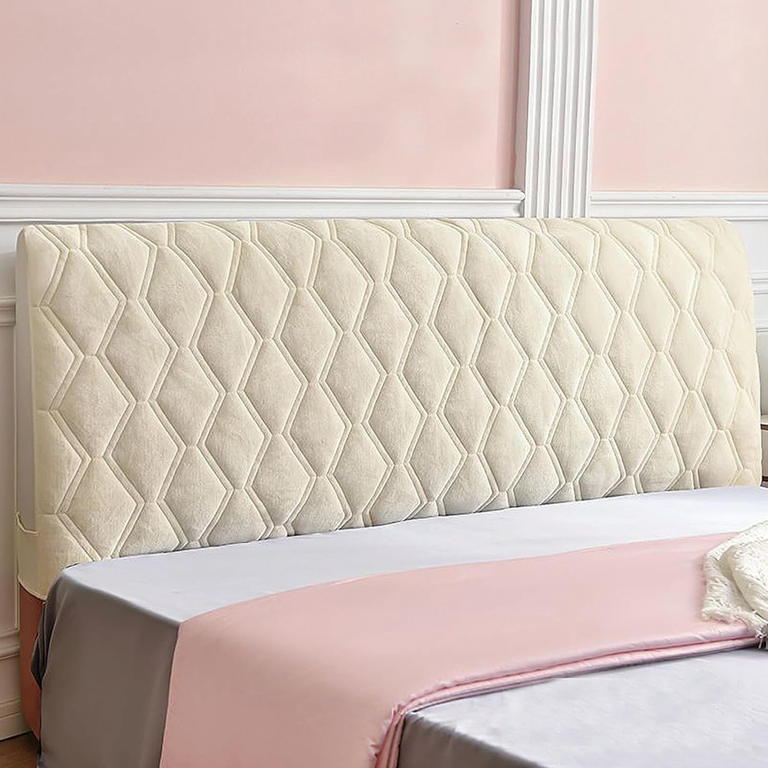 Velvet Quilted Headboard Cover - Full/Queen/Cal King Size, Thick Dustproof Headboard Protector Slipcover - Soft & Luxurious (Beige, 86