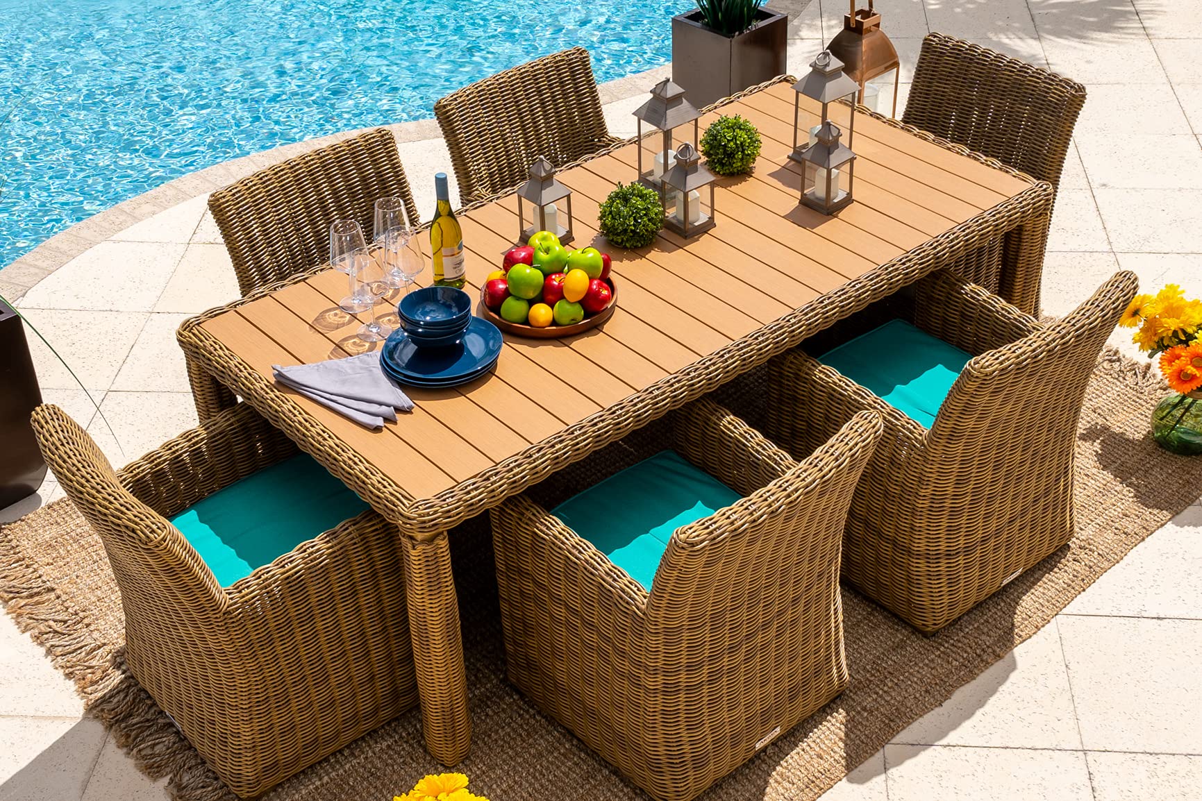 Malmo 7-Piece Natural Resin Wicker Outdoor Patio Dining Set with Table & 6 Cushioned Chairs - Sunbrella Canvas Aruba - Perfect for Backyard, Garden & Poolside Entertaining