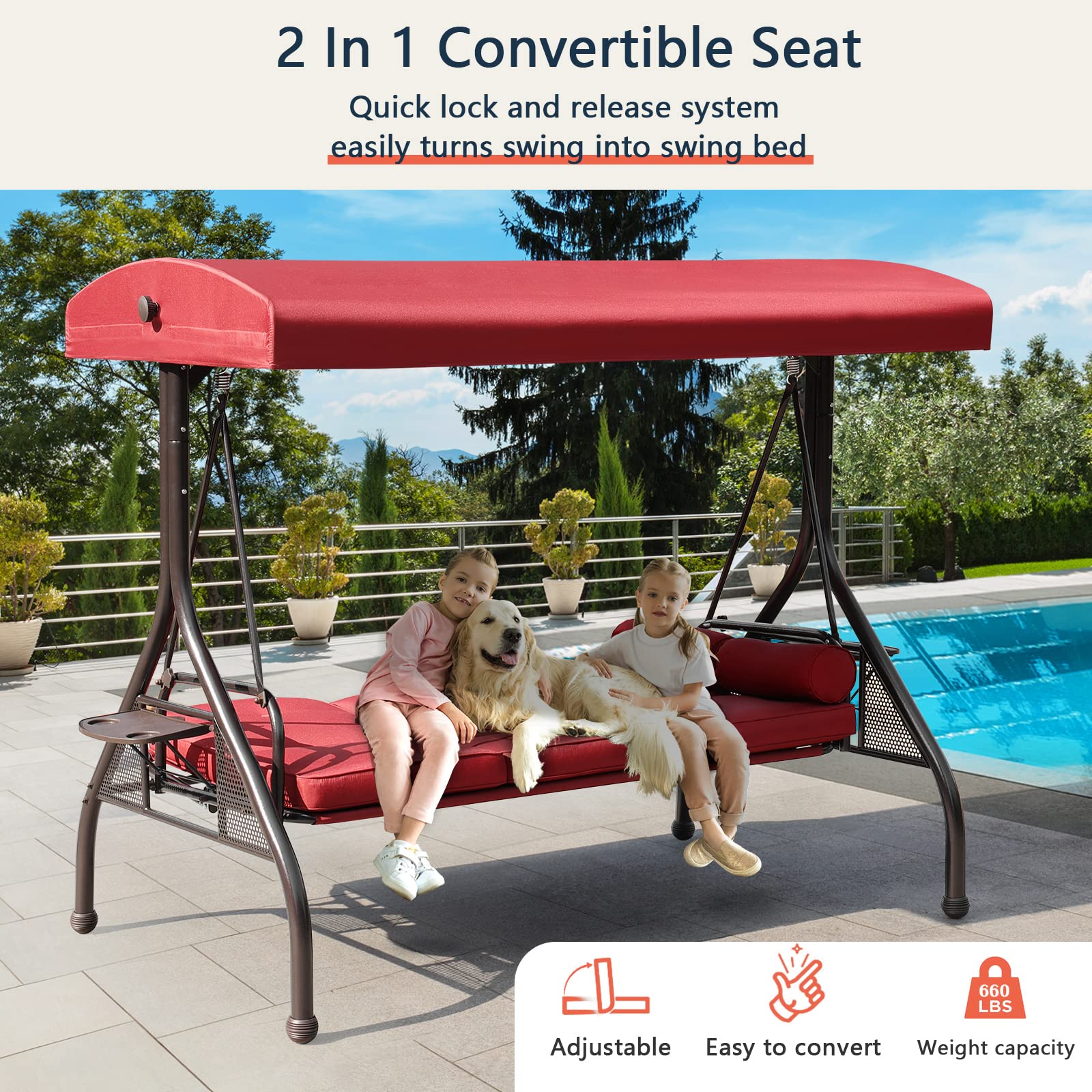 NOBLEMOOD 3-Seat Outdoor Patio Swing with Adjustable Canopy - Waterproof Cushion & Foldable Side Tray - Perfect for Backyard, Garden, Porch Relaxation - Ideal for Spring & Summer Outdoor Lounging