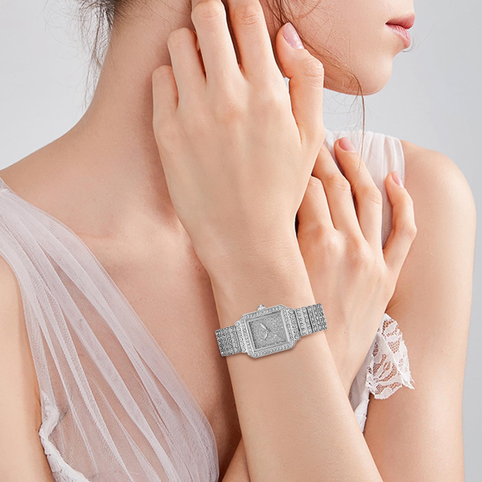 Iced-Out Square Analog Quartz Watch for Women - Diamond Accent Stylish Wristwatch for Casual & Business Wear | Perfect for Office, Parties & Special Occasions