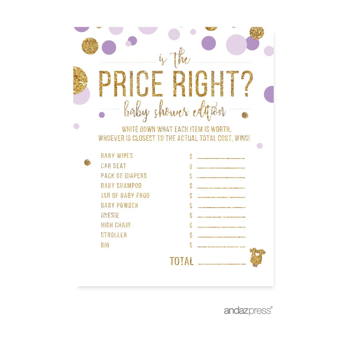 Andaz Press Lavender Gold Glitter Baby Shower Party Decorations Set - 20-Pack with Games, Activities & 