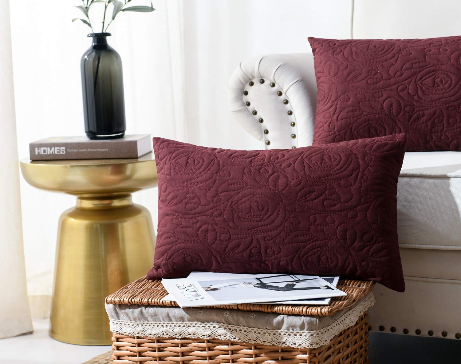 MarCielo 2 Pack Lumbar Pillow Covers 12x20 Inches - Soft Decorative Throw Pillow Cases for Sofa, Bed, Couch - Burgundy Red Home Decor for Living Room, Bedroom, Office