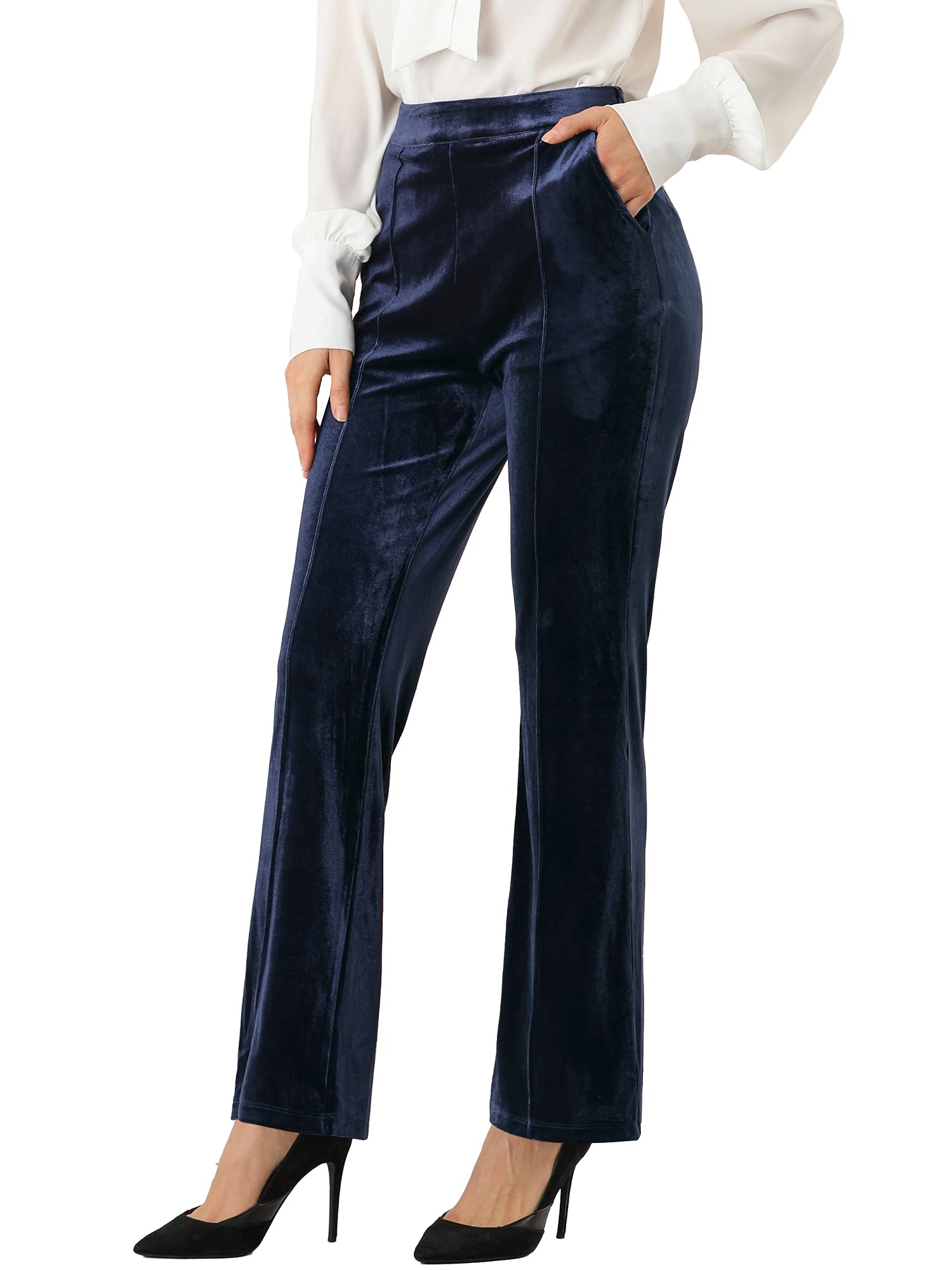 Allegra K Women's Velvet High Waist Flare Leg Pants with Pockets - Elegant Work Pants for Office, Party & Holiday Outfits