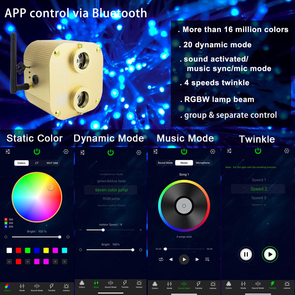 AZIMOM 20W Twinkle Dual Port Fiber Optic Star Ceiling Light Kit - 600pcs 0.03in Fiber Strands (9.8ft) with Sound Activation, Bluetooth APP Remote Control - Perfect for Bedroom, Home Theater, Car Headliner & Indoor Ceiling Decor