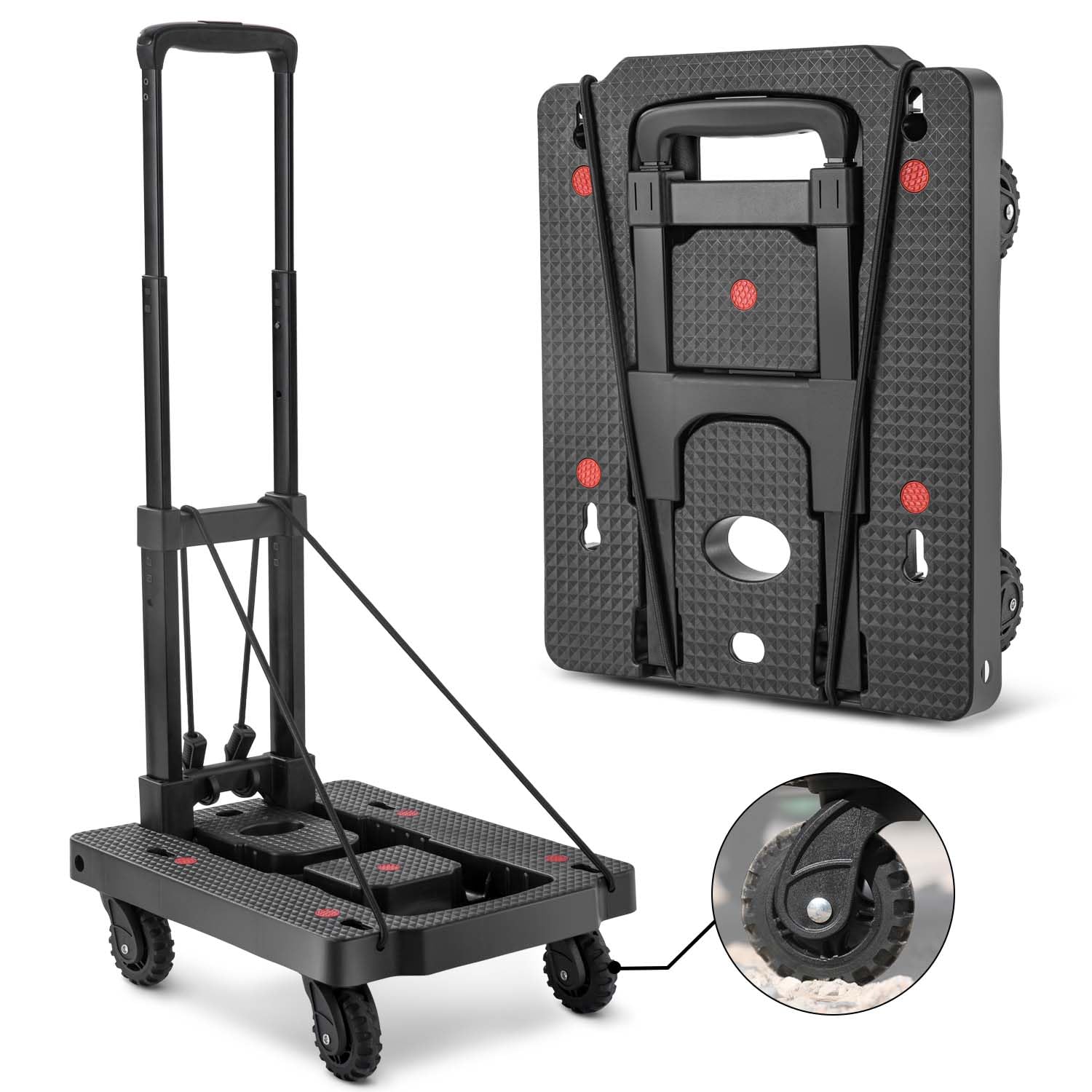 KOSTANZO Folding Hand Truck - Lightweight 4-Wheel Dolly Cart with 2 Elastic Straps, Adjustable 3-Level Handle Collapsible Luggage Cart for Travel, Office, Shopping | Portable Utility Cart for Moving Boxes, Groceries & Suitcases