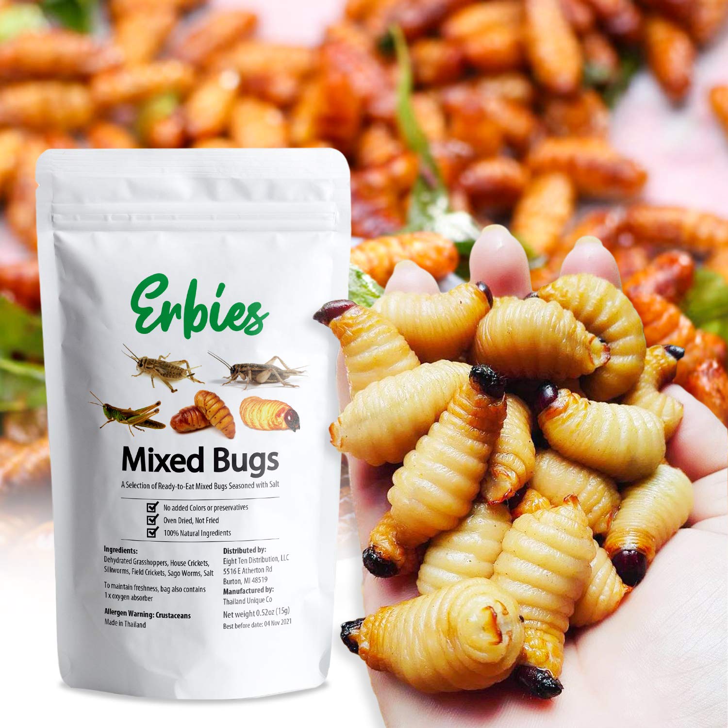 Erbies Edible Bug Trail Mix - 15g Bag of Crunchy Crickets, Grasshoppers, Silkworm Pupae & Sago Worms | High Protein Snack | Unique Gift Idea for Adventurous Eaters | Perfect for Camping, Hiking & Party Snacks