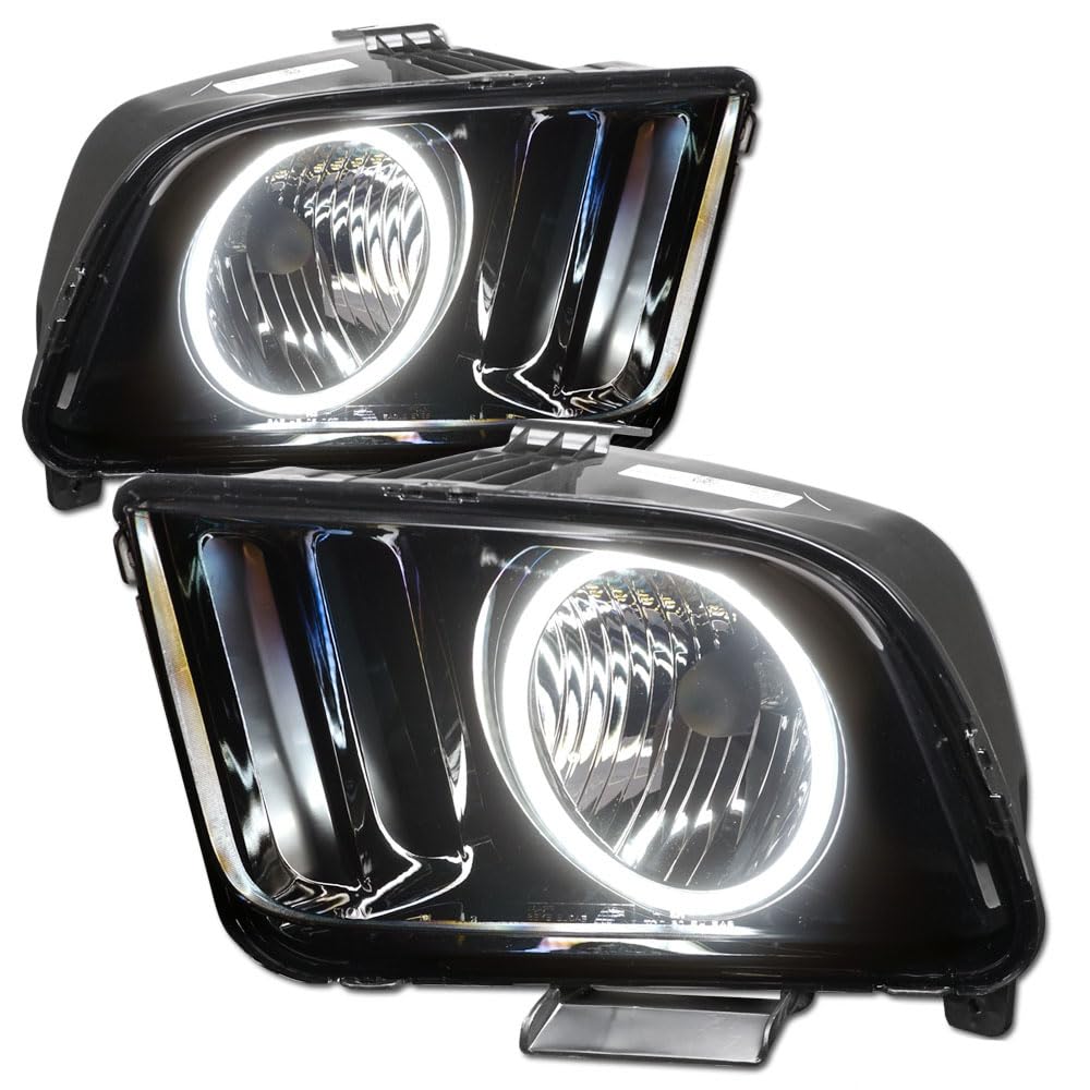 2005-2009 Ford Mustang LED Headlights - Black Housing with White Halo Rings - Direct Fit Replacement - Upgrade for Night Driving & Car Shows