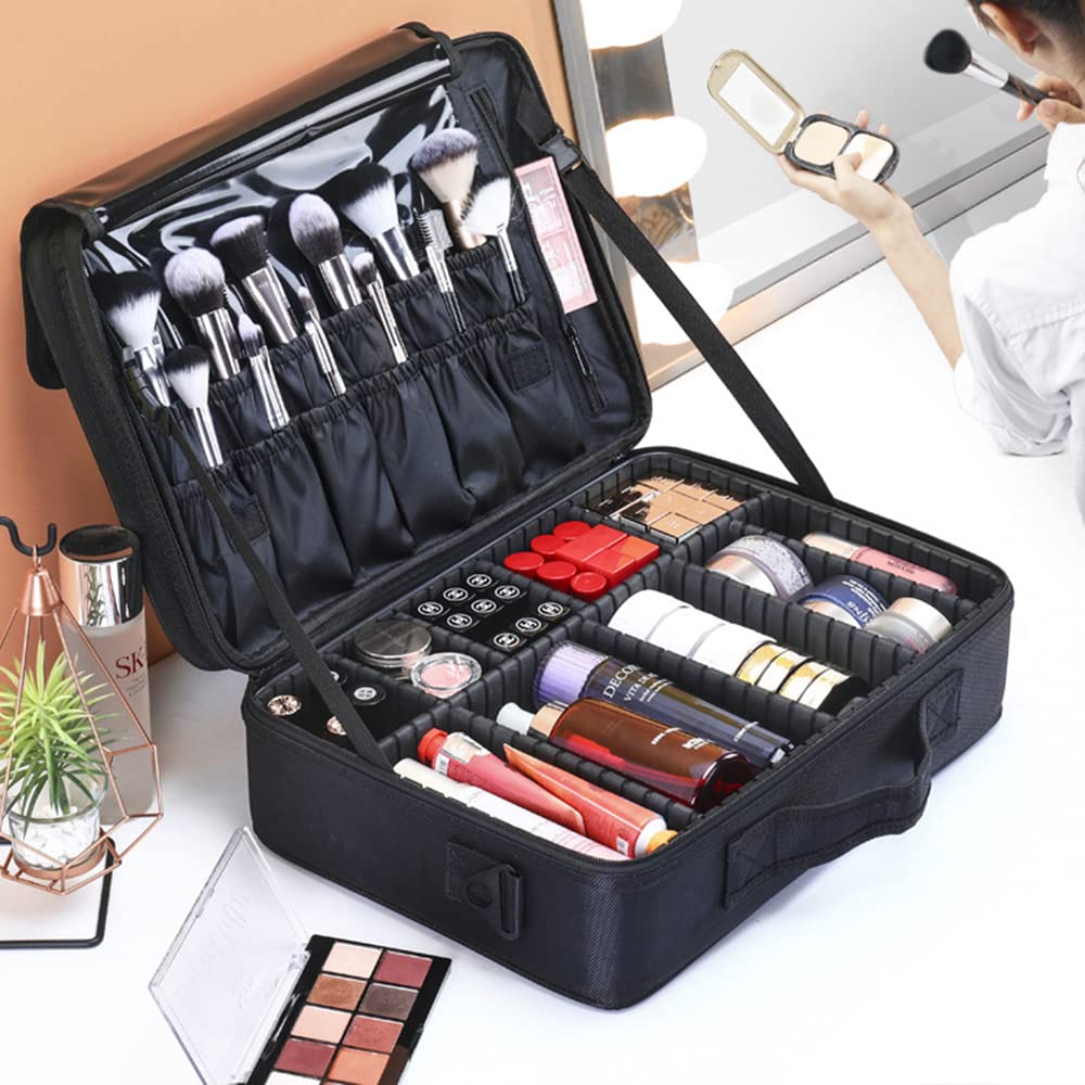 Waterproof Travel Cosmetic Bag for Women - Portable Makeup Organizer with Multiple Pockets - Toiletry Bag for Vacation, Gym & Business Trips - Black (2022 New Design)