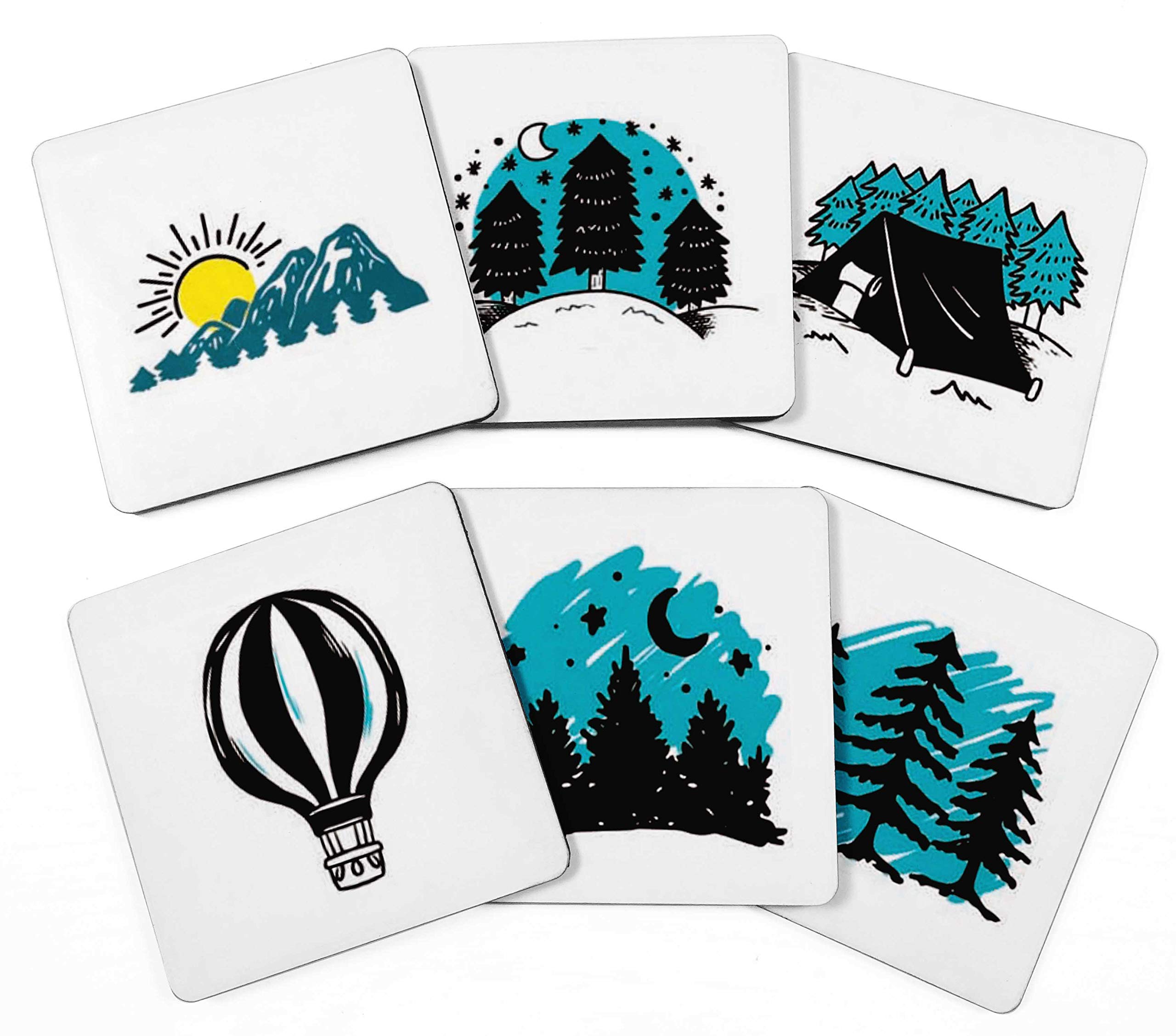 Set of 6 Decorative 4-inch Square Drink Coasters with Non-Slip Cork Base - Easy to Clean Nature Design - Perfect for Home, Office, and Party Use