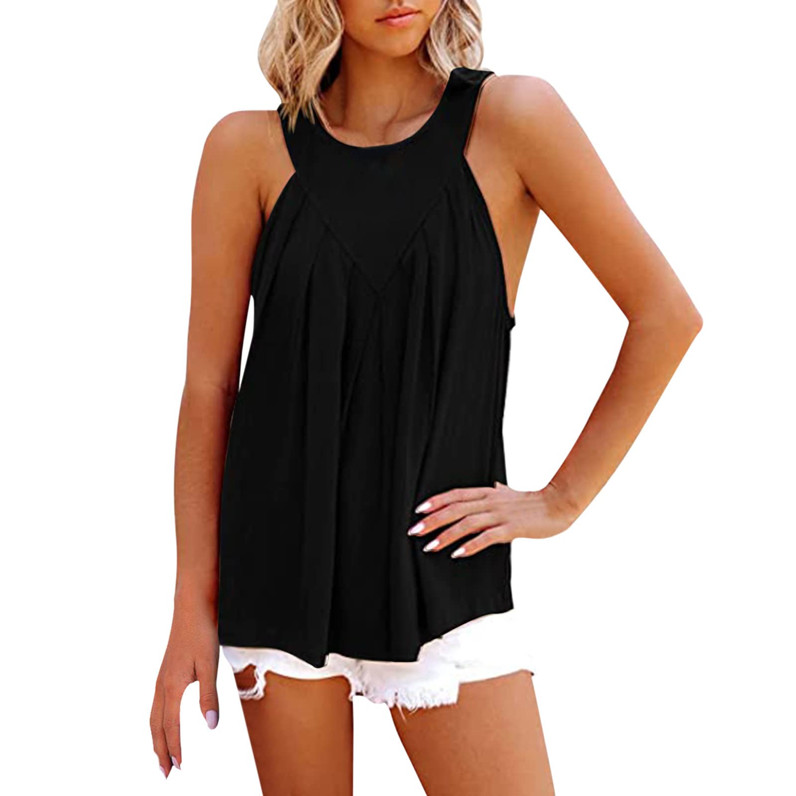 Women's Summer Tunic Tops - Casual Sleeveless Halter Tank Shirts with Pleated Flowy Design | Perfect for Beach Outings, Vacation Wear & Summer Casual Outfits
