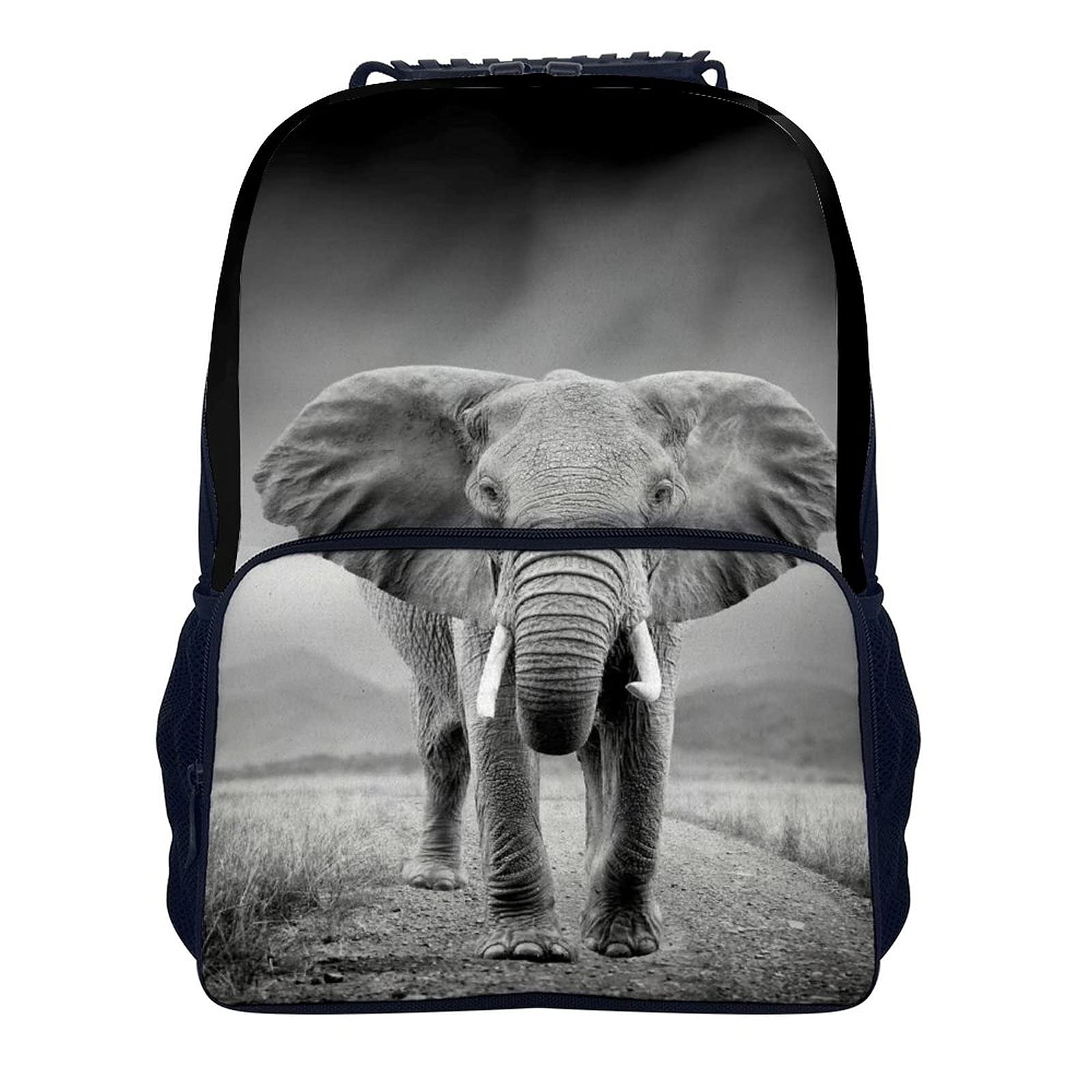 African Elephant Black Printed 16 Inch School Backpack for Teens - Funny Patterned Bookbag with Shoulder Strap - Perfect for School, College & Travel