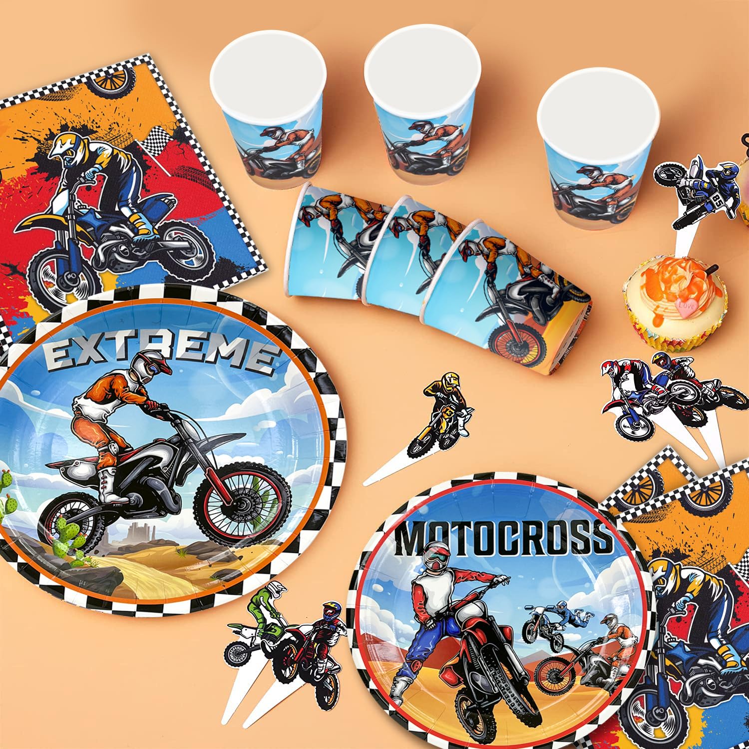 Motorcycle Party Supplies Set for 10 Guests - Plates, Cups, Balloons for Motocross Theme Birthday Decorations
