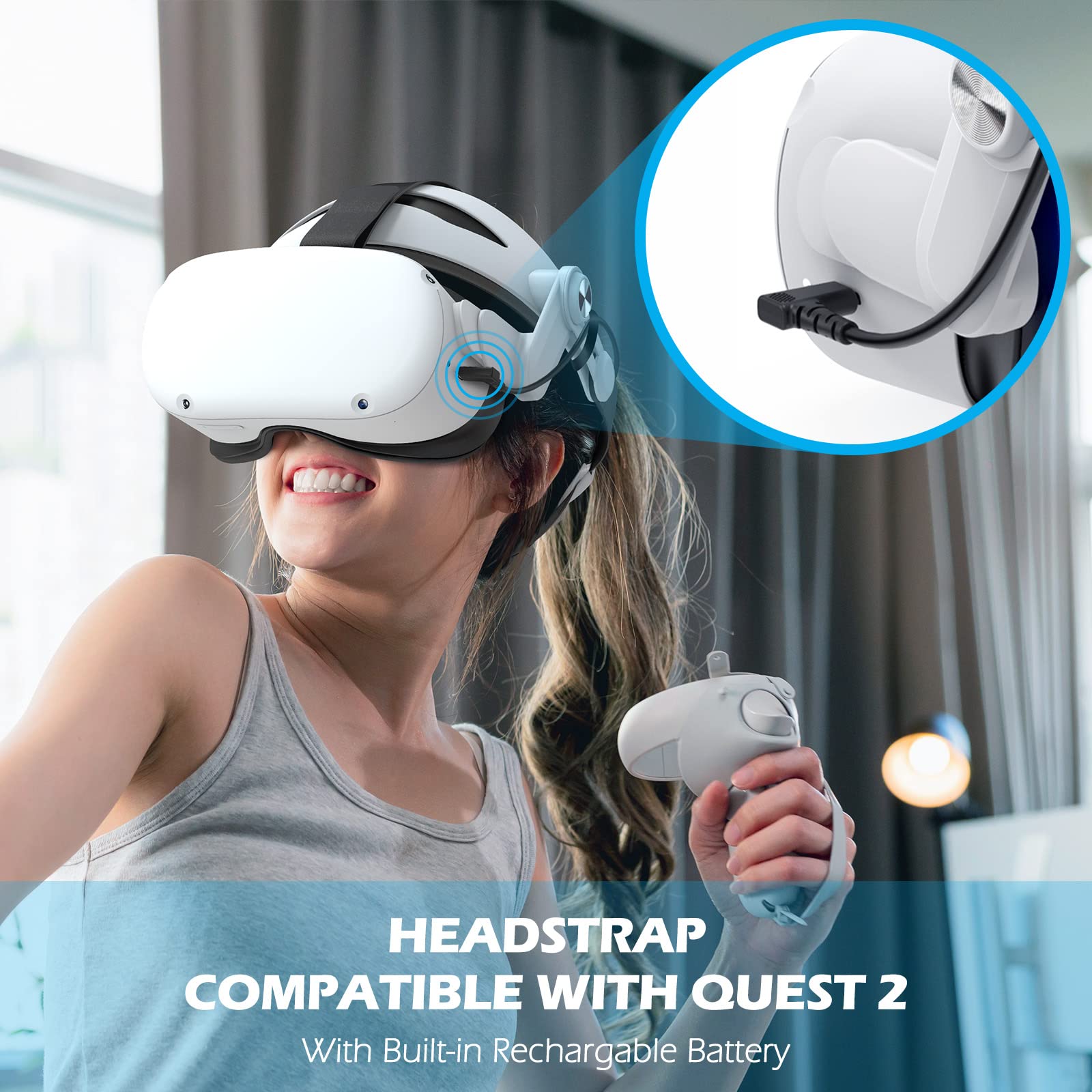 YOGES Rechargeable Battery Head Strap for Oculus Quest 2 - Adjustable VR Headset Accessory with Extended Playtime, Super Soft Foam & Skin-Friendly PU Leather (White) - Perfect for Long VR Gaming Sessions & Enhanced Comfort
