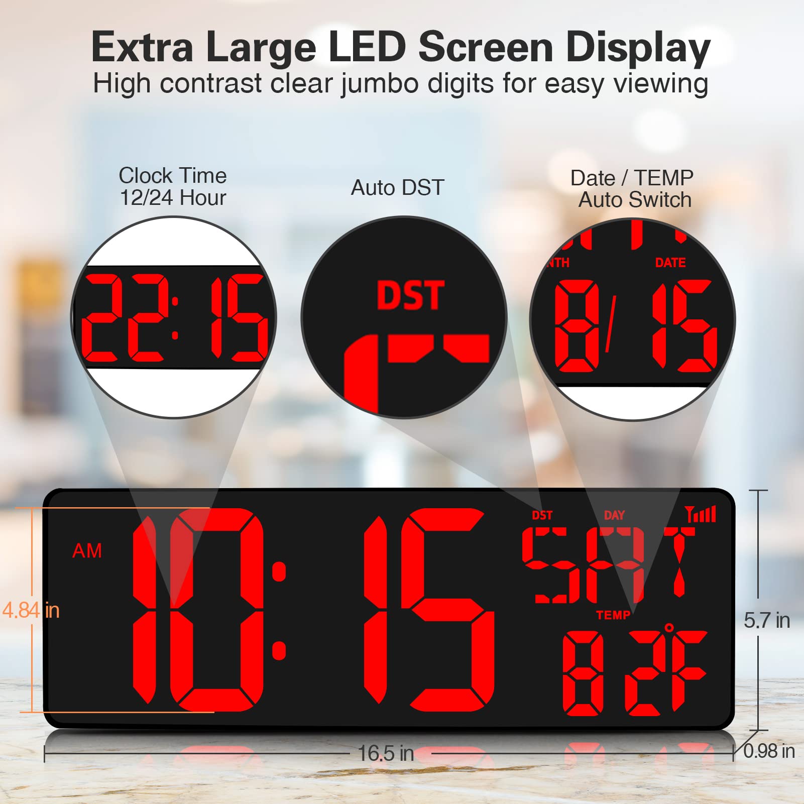 XREXS 16.5 Inch Large Digital Wall Clock with WiFi Sync - Big LED Display Shows Time, Temperature, Date & Week - Remote Control Alarm Clock with Auto-Dimming for Home, Office, Classroom and Bedroom