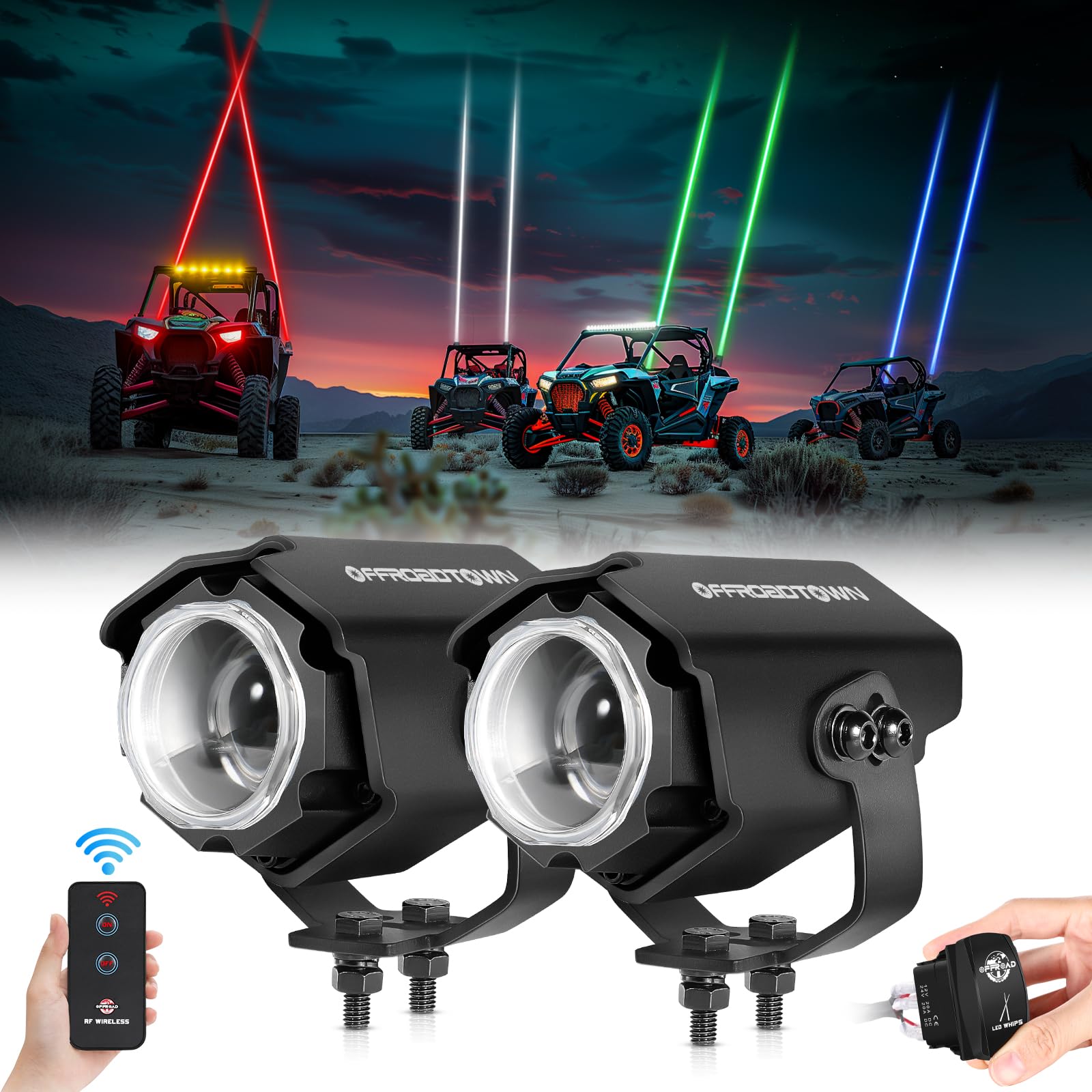 OFFROADTOWN RGBW LED Whip Light with Remote Control - Waterproof Off-Road Light Bar for ATV, UTV, Motorcycle, Truck & Golf Cart - Multi-Color Chase Lighting for Night Riding, Camping & Off-Road Adventures