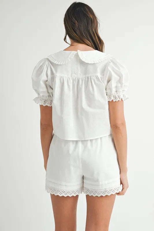 Peter Pan Collar Babydoll Blouse & Shorts Set - Vintage-Inspired Women's Outfit for Casual Wear, Date Night & Summer Fashion