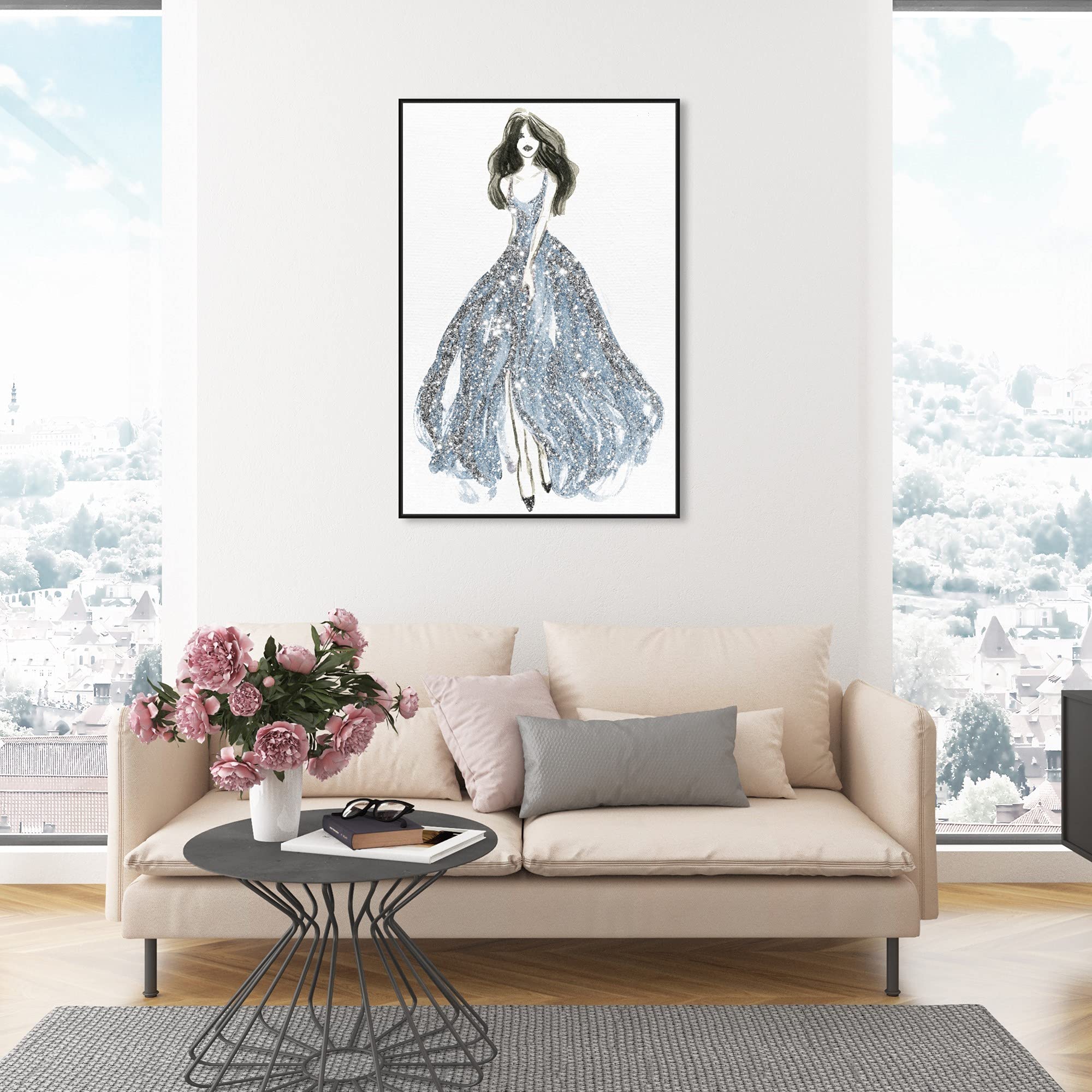 Oliver Gal Artist Co. Fashion & Glam Wall Art Canvas Print - Elegant Blue Dress Spring Home Decor (30x45 Inches, Black Frame) - Perfect for Living Room, Bedroom & Office Wall Decoration