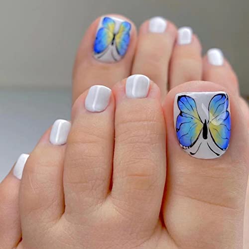 24PCS Blue Butterfly Press-On Toenails - Square Short Full Cover Fake Toenails with Glue & Nail File - False Gel Toe Nails Tips Set for Women, Teens & Girls - Perfect for Pedicures, Parties & Summer Nail Art