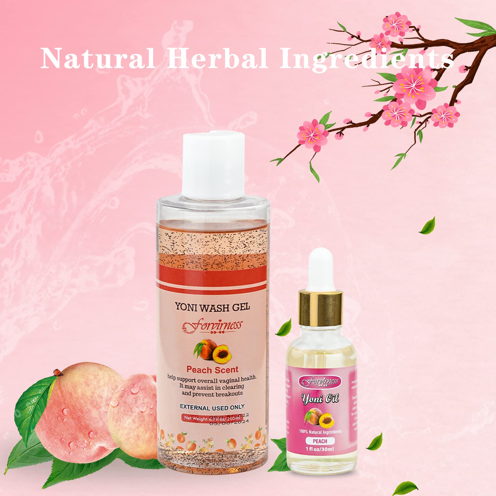 Natural Feminine Wash & Yoni Oil Set for Women – pH Balanced Vaginal Wash with Cleansing Formula, 1 fl.oz Peach Feminine Oil & 6.7 fl.oz Intimate Wash – Gentle Care for Daily Hygiene & Intimate Wellness