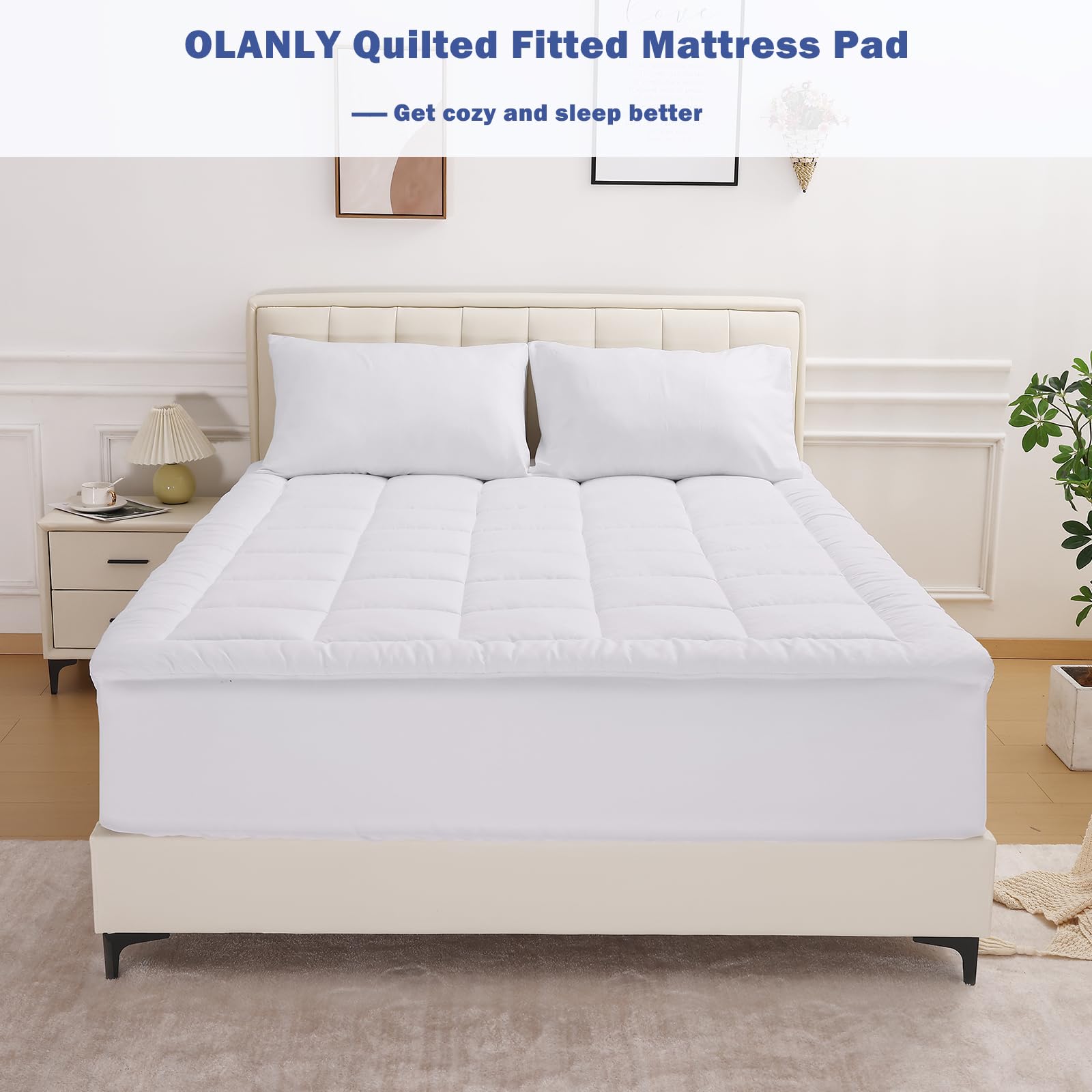 Olanly Queen Size Quilted Fitted Mattress Pad - Cooling Soft Mattress Topper with Deep Pocket (Fits up to 21