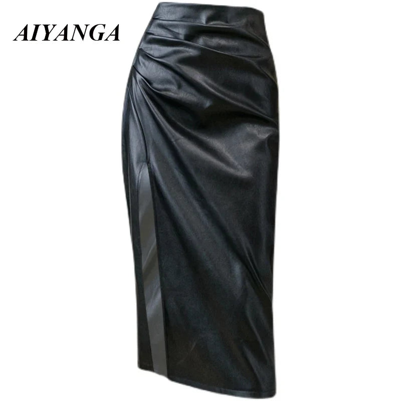 Black PU Leather Skirt for Women - High Waist Bodycon Midi Pencil Skirt with Side Slit, Knee Length Office Wear for Spring & Autumn | Perfect for Work, Dating, and Night Out