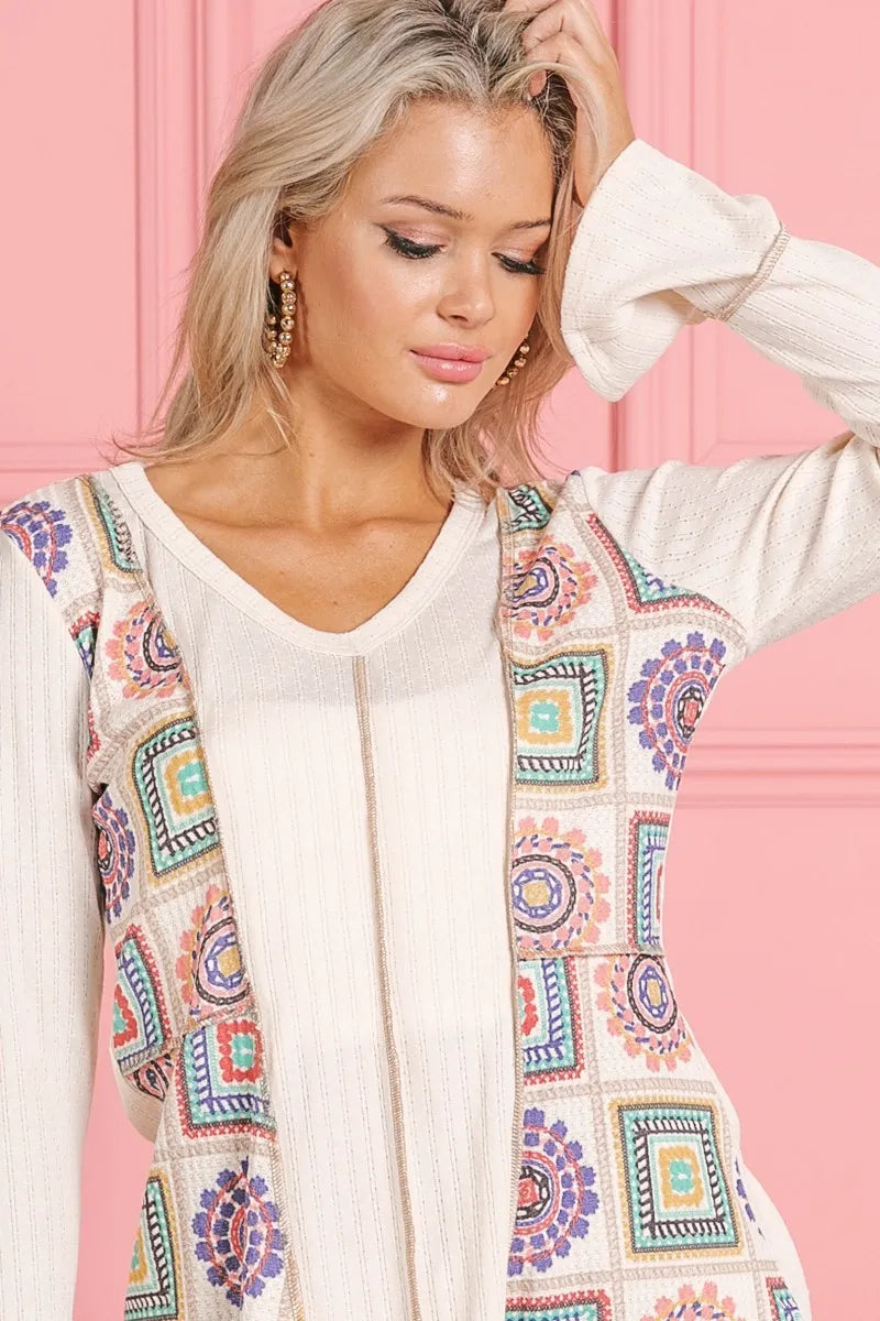 BiBi Granny Square Print Contrast Annie Rib V Neck Top - Stylish Vintage-Inspired Women's Blouse for Casual Outings & Boho Fashion