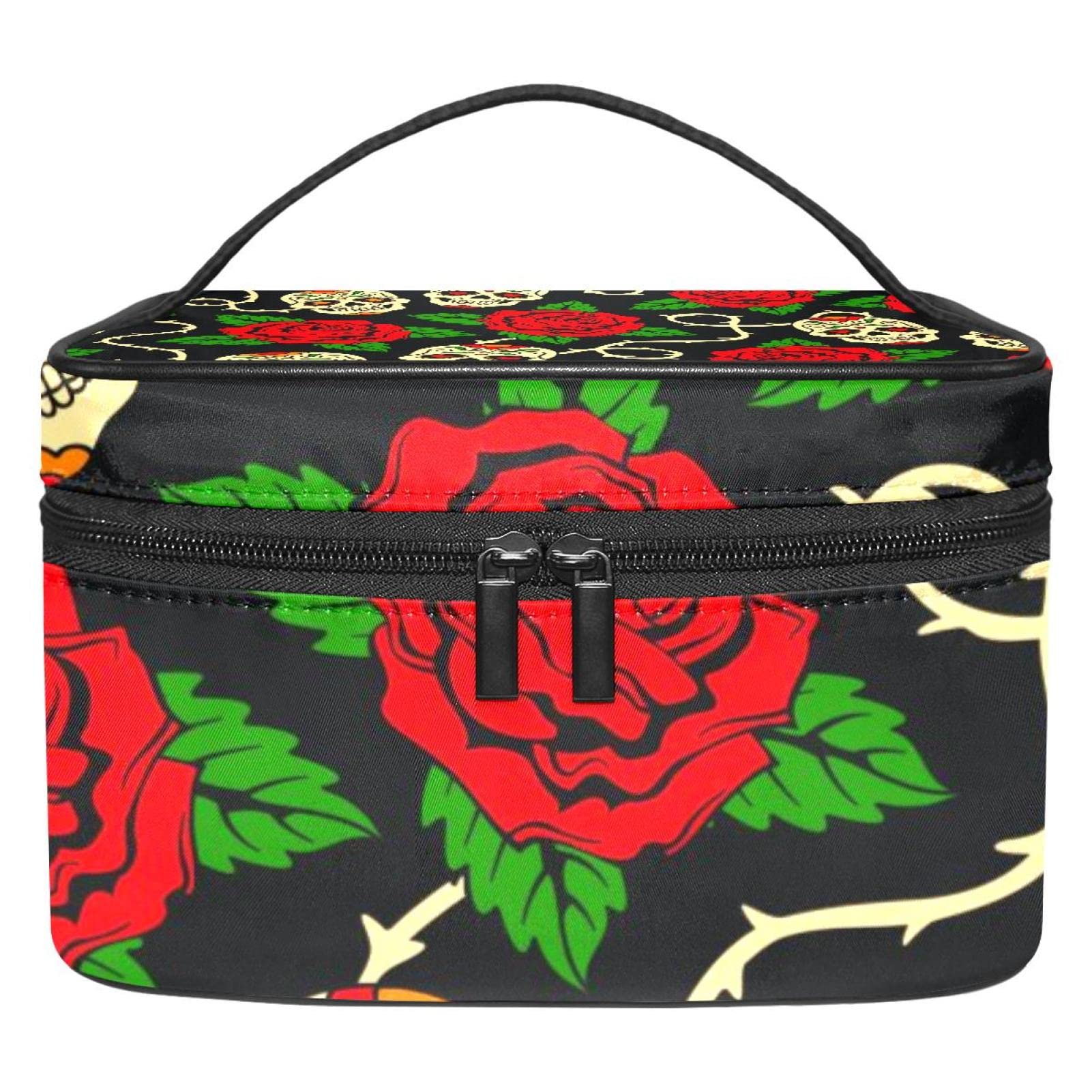 Black Sugar Skulls with Red Rose Makeup Bag - Large Cosmetic & Toiletry Pouch for Women & Girls - Perfect for Travel, Gym, and Everyday Essentials Storage