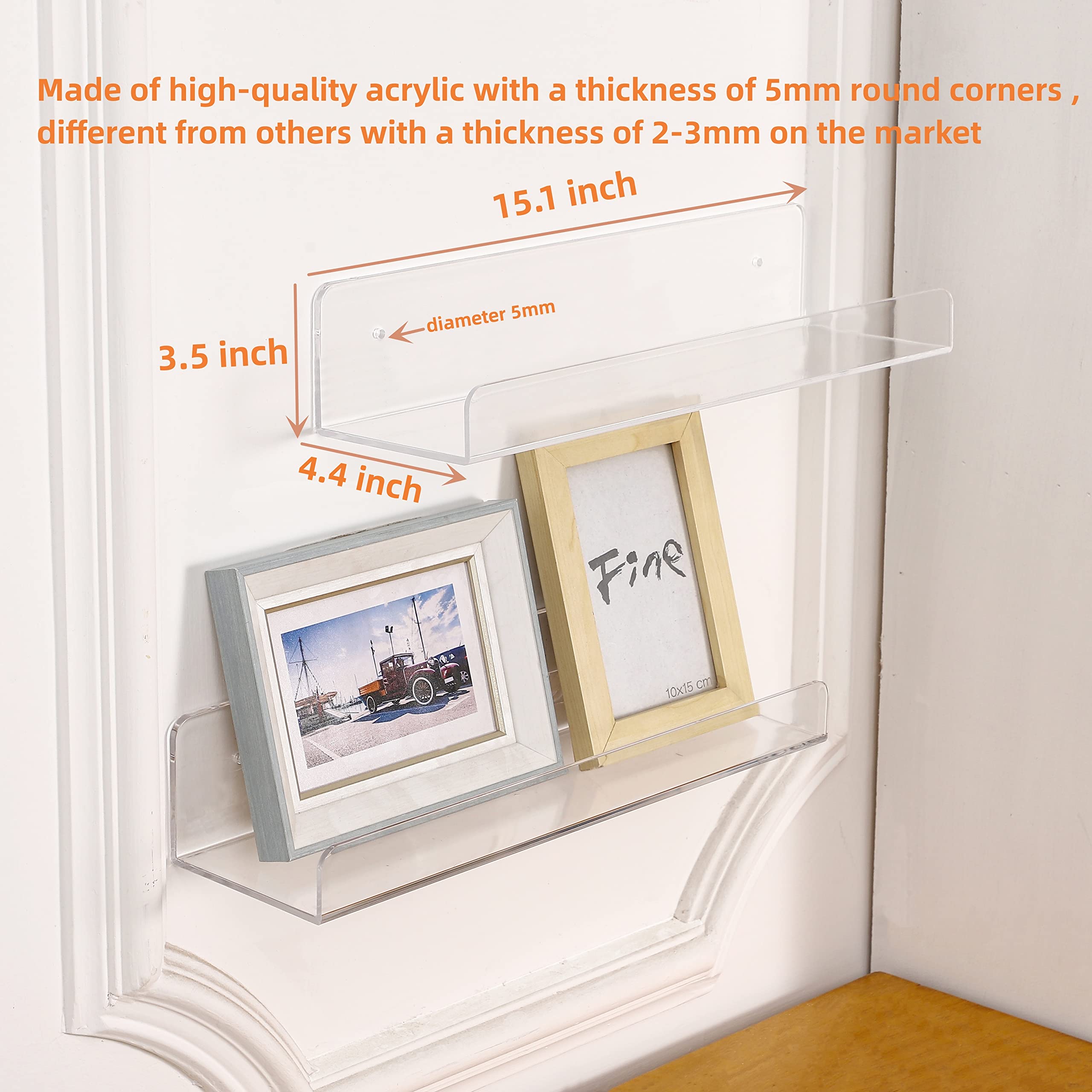 6-Pack Clear Acrylic Floating Bookshelves for Kids - 15 Inch Modern Wall Shelf with 5MM Thickness | Invisible Toy Storage & Picture Ledge Display | Perfect for Nursery, Playroom & Bedroom Organization