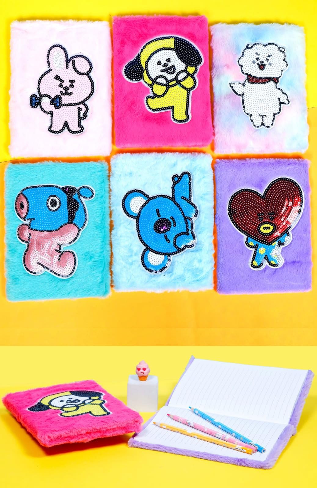 KOBBET® BTS Themed School Stationery Set for Kids - A5 Size Fur Diary with BT21 Pencil Pouch, Pens, Pencils & More | Perfect Birthday Gift, School Supplies & Party Favors for BTS Fans | Study, Journaling & K-Pop Collectibles