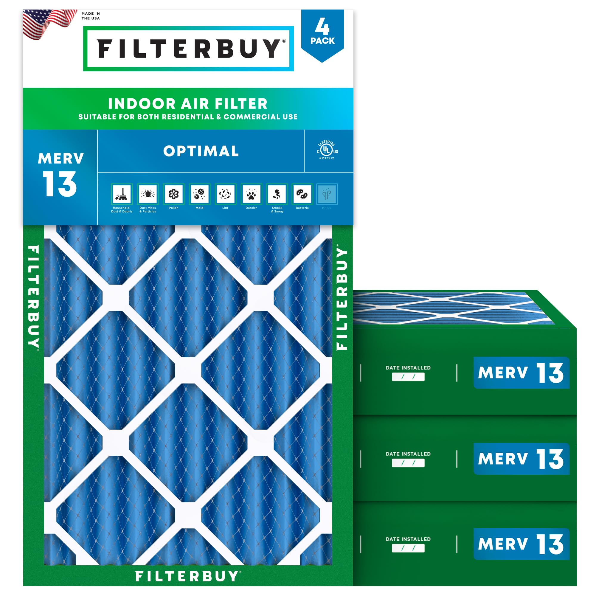 Filterbuy 15x25x4 MERV 13 Pleated Air Filter 4-Pack - High Efficiency HVAC Furnace AC Replacement Filters (Actual Size 14.5x24.5x3.63