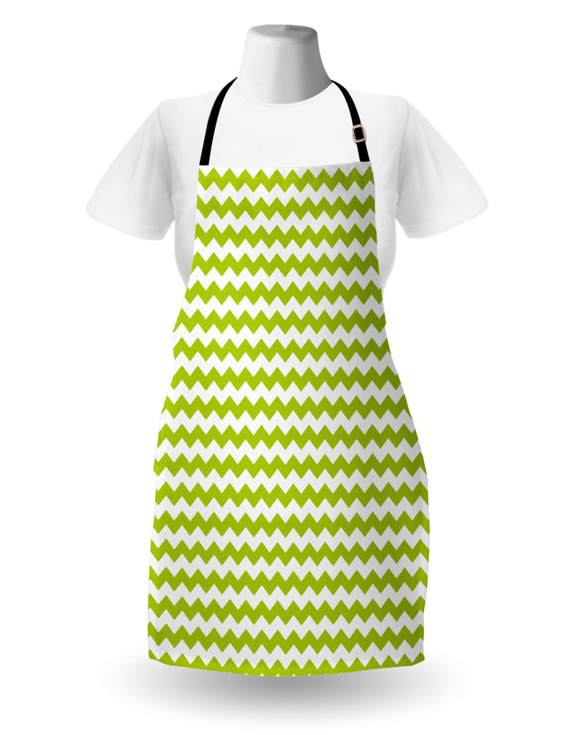 Ambesonne Chevron Apron - Bicolor Zigzag Abstract Design Kitchen Bib for Cooking, Baking & Gardening - Adjustable Neck Strap Unisex Adult Apron (White & Yellow Green) - Perfect for Home Chefs, BBQ Parties & Outdoor Activities