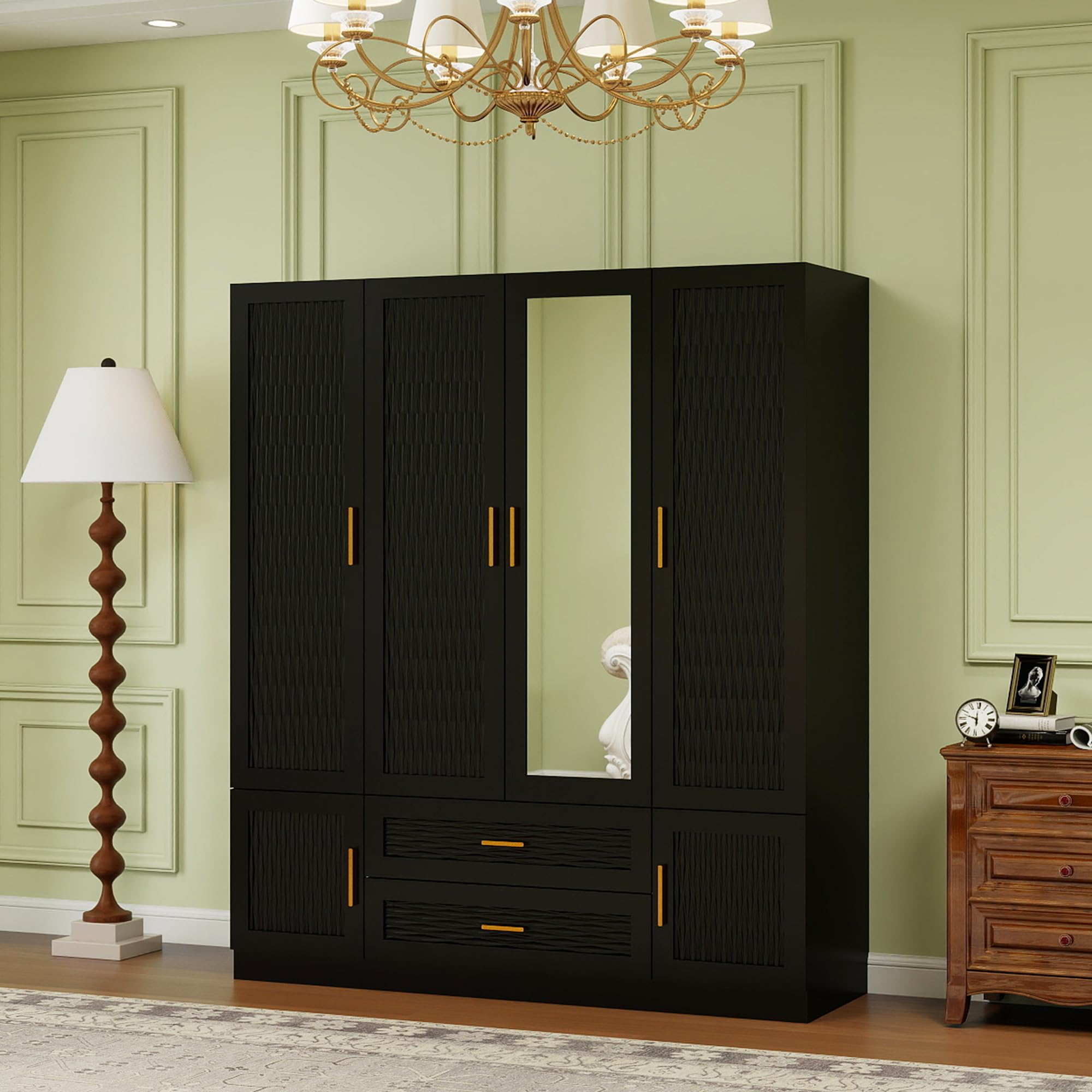 Large Black Wooden Armoire Wardrobe Closet - 4 Doors, 2 Drawers with Mirror, Hanging Rods & Shelves | Spacious Tall Cabinet for Bedroom Storage & Organization | Perfect for Master Bedroom, Guest Room or Walk-in Closet