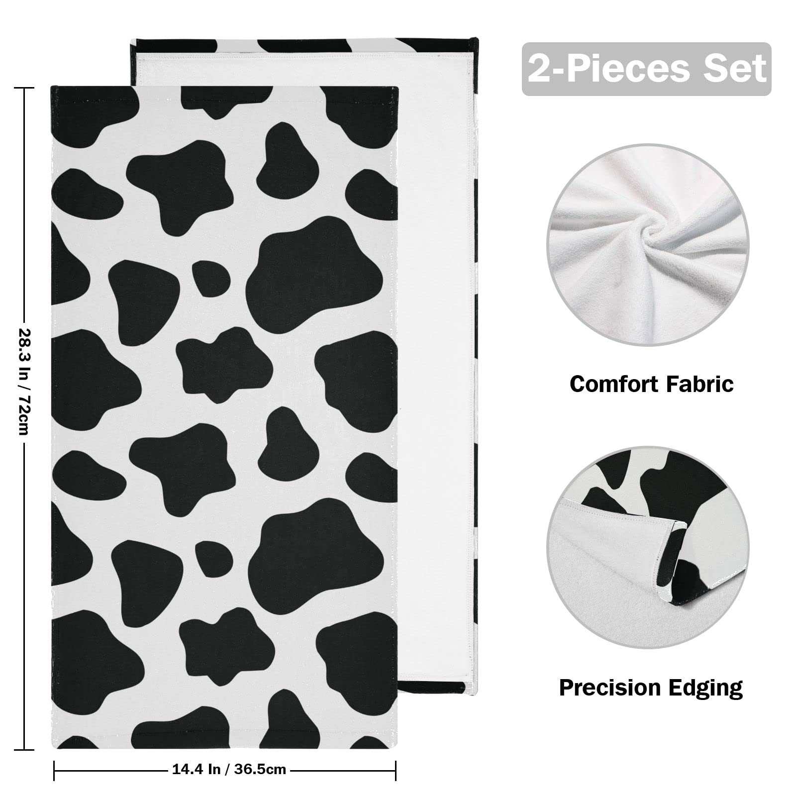 Black & White Cow Print Hand Towels Set of 2 - Soft 14x28 Inch Bath & Kitchen Towels for Guest Face, Tea Dish & Bathroom Decor - Farmhouse & Boho Home Decor Accessories