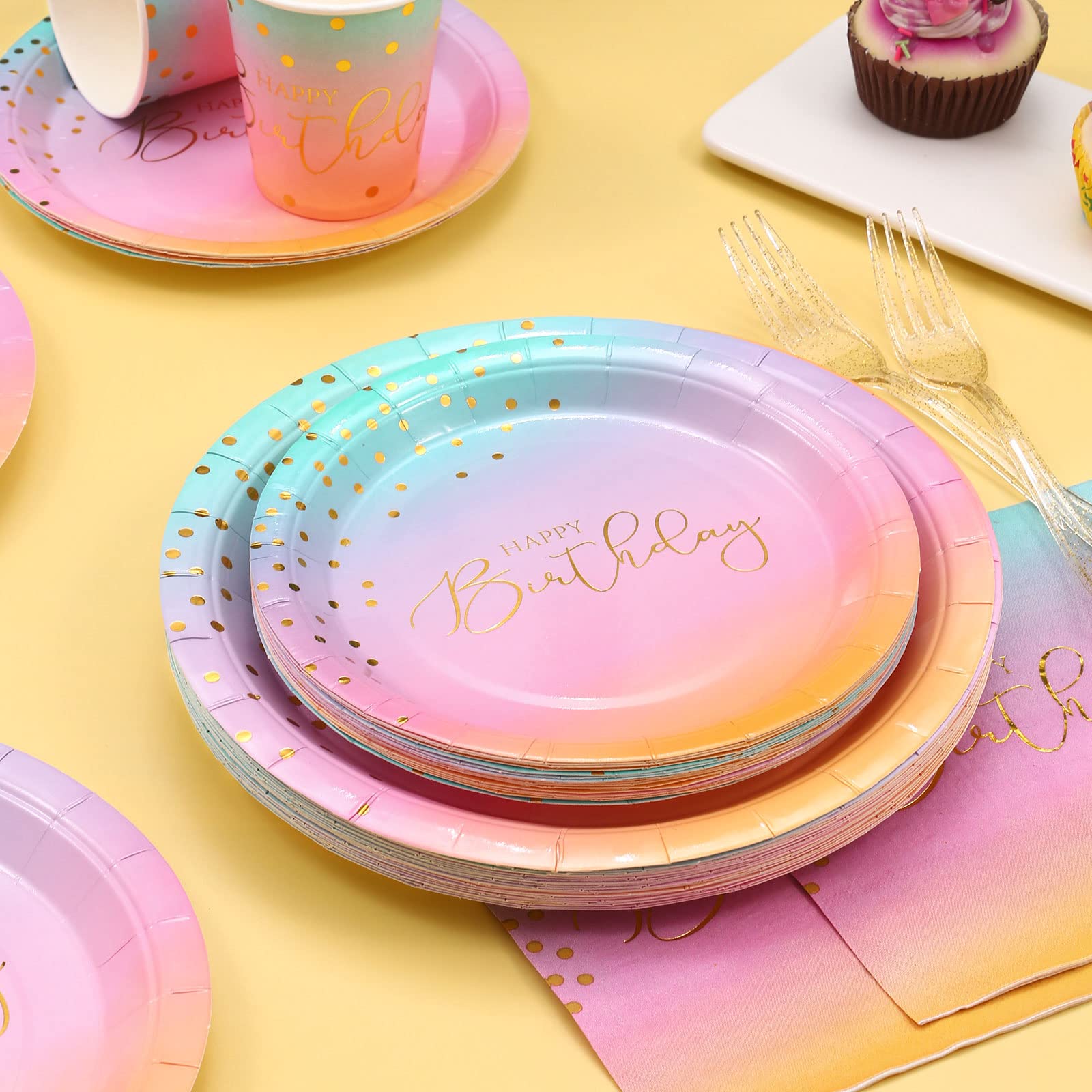 Pastel Rainbow Birthday Party Supplies for Girls - 25-Piece Disposable Plates, Cups & Napkins Set - Perfect for Kids Birthday Parties, Baby Showers & Themed Celebrations
