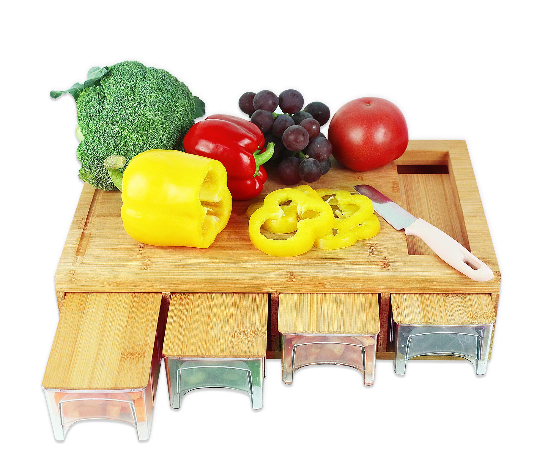 Premium Bamboo Cutting Board with 4 Storage Trays & Lids - Non-Slip Juice Grooves, Ergonomic Handles - Perfect for Meal Prep, Kitchen Organization & Easy Cleanup - Ideal for Home Chefs & Professional Kitchens
