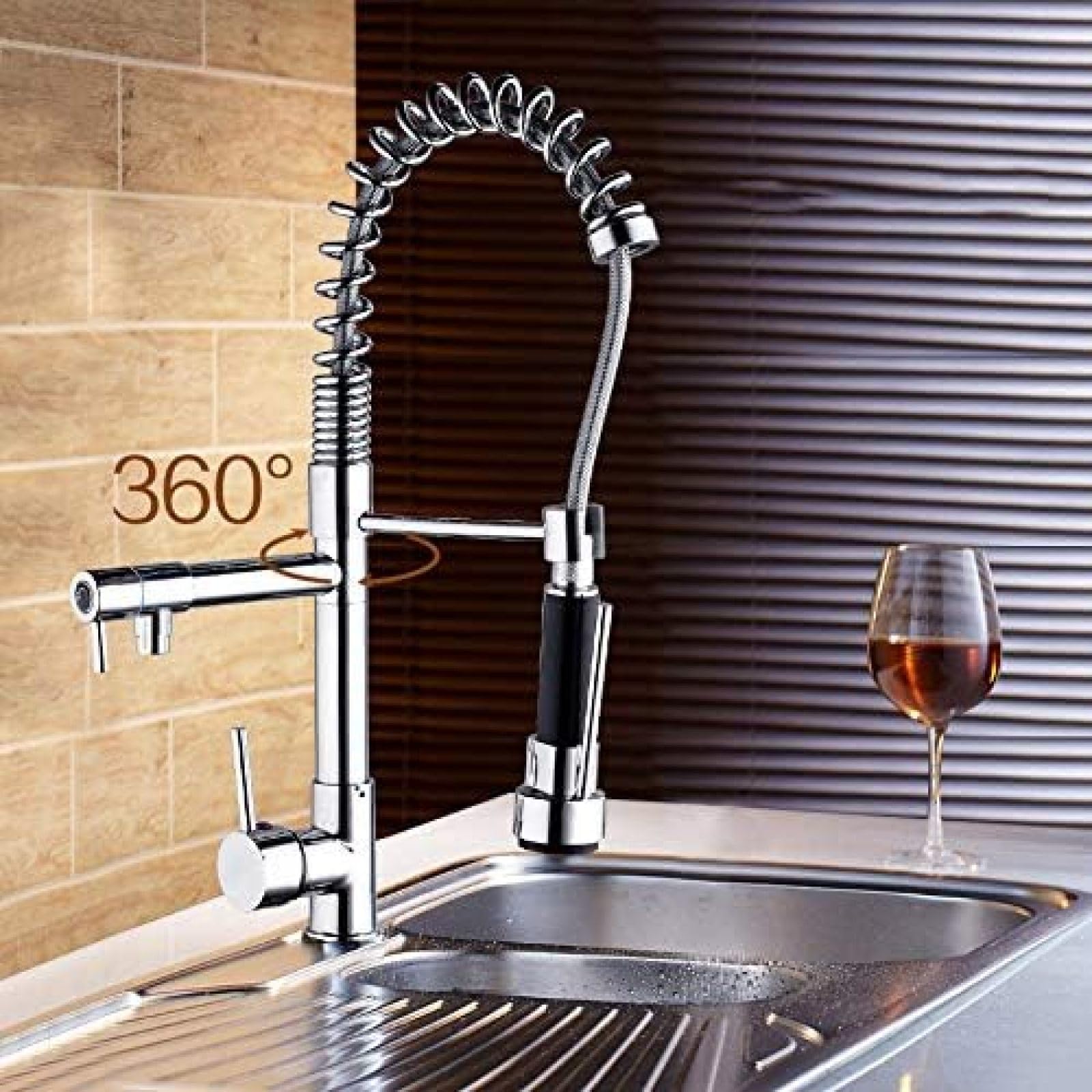 Premium Chrome Brass Kitchen Faucet with Swivel Spout & Pull-Down Sprayer - Single Handle Vessel Sink Mixer Tap for Modern & Luxury Home Kitchens