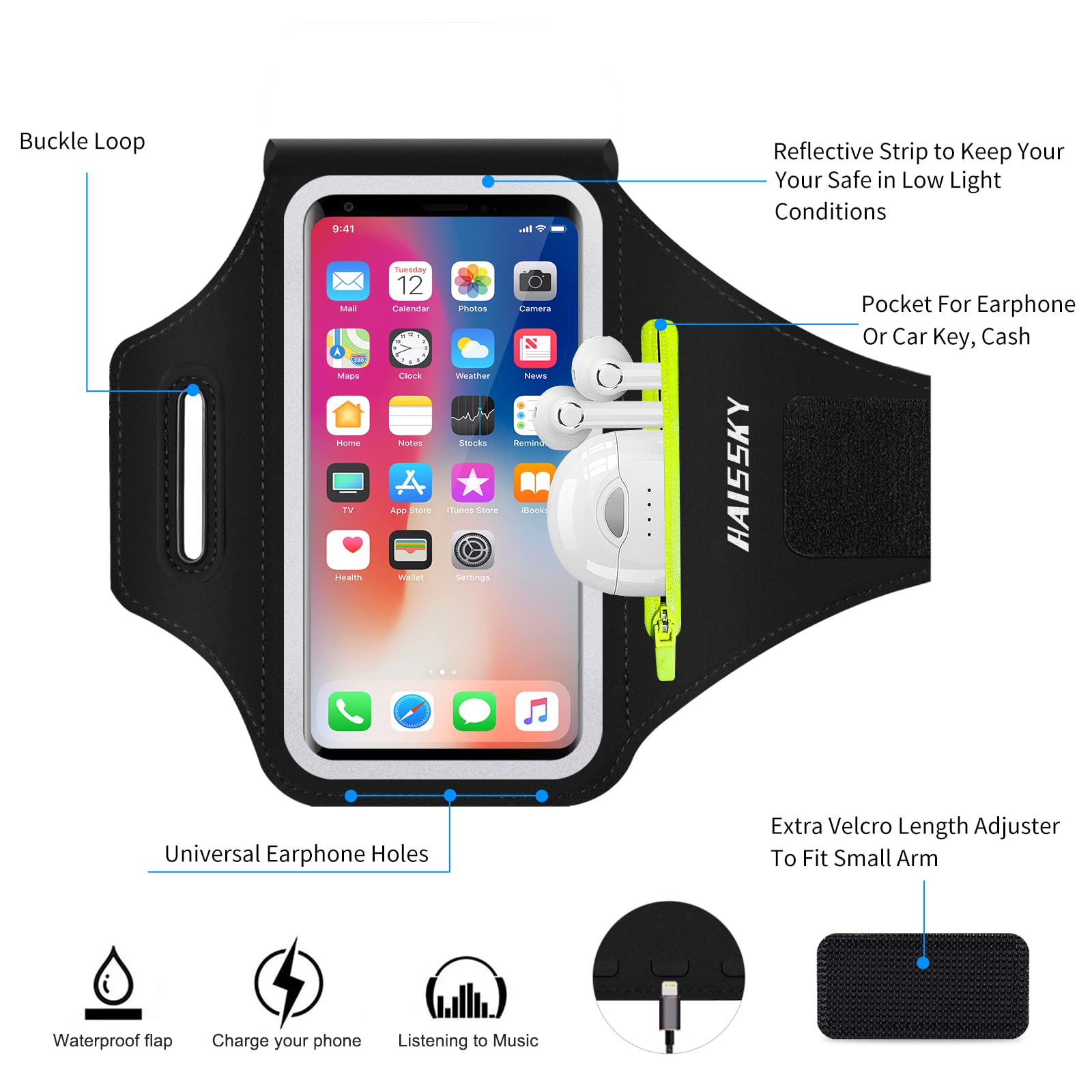 Running Phone Armband with Zipper Pocket - Water Resistant Sports Arm Band for iPhone 16/15/12/11 Pro & Galaxy S24/S20 (Fits Up to 6.7