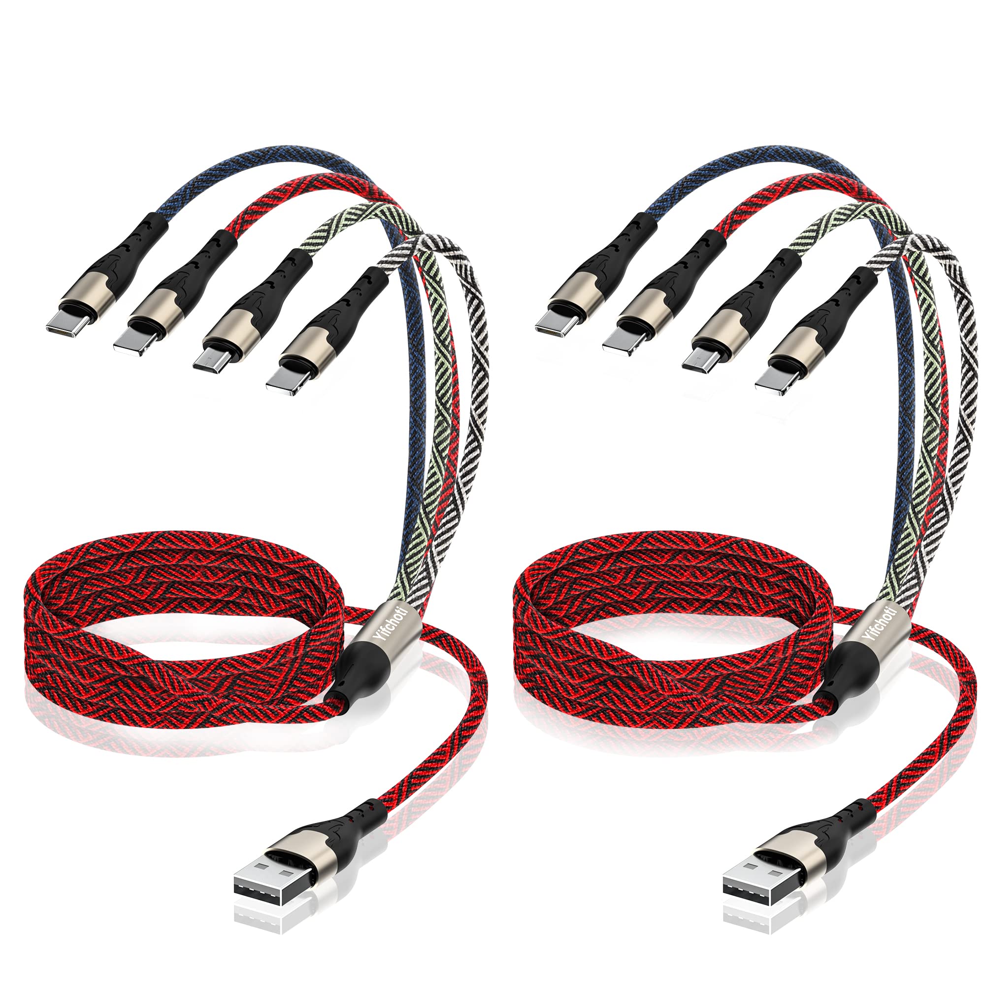 2-Pack 4FT Multi Charging Cable 4-in-1 Nylon Braided Universal USB Fast Charger Cord with 2*iOS/Type-C/Micro Port Adapters - Compatible with iPhone 15/14/13 Pro Max, iPad Mini 6/Air, Galaxy S23 & Most Smartphones/Tablets - Perfect for Home, Office & Travel Charging