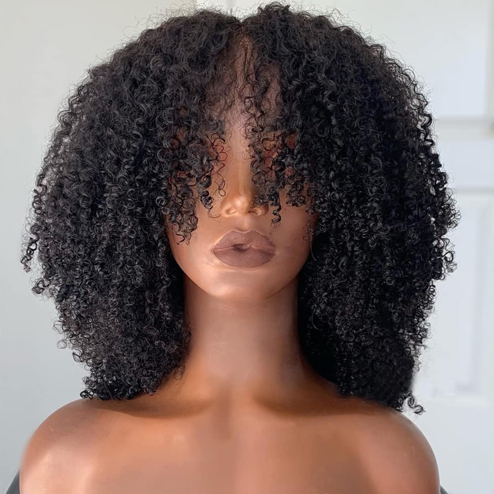 200 Density Afro Kinky Curly Human Hair Wig - Virgin Brazilian Short Kinky Curly Machine Made Wig with Bangs - Natural Color 22 Inch - Perfect for Daily Wear, Cosplay & Protective Hairstyles