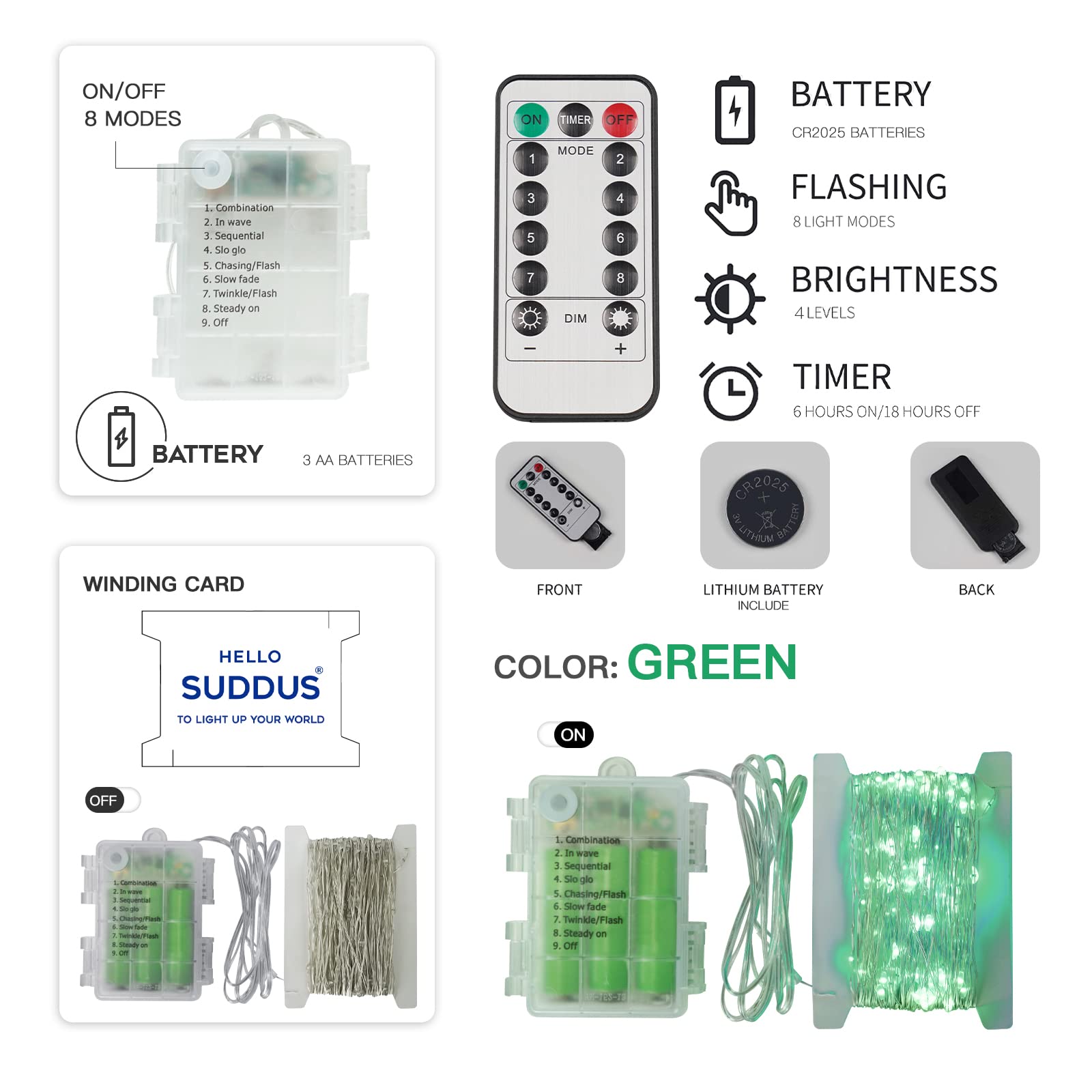 Suddus 33ft 100 LED Green Christmas String Lights with Remote - Battery Operated Fairy Lights for Holiday Decor, St. Patrick's Day, Bedroom, Wreath, Patio, Backyard, Garden & Party - Perfect for Indoor/Outdoor Christmas Tree Decorations, Wedding Centerpieces and Cozy Ambiance Lighting