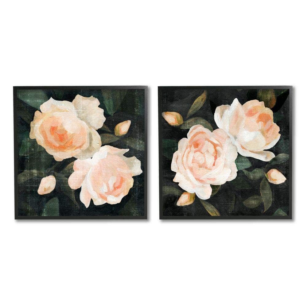 Emma Caroline Country Rose Garden Pink Green Nature Flower Wall Art Painting - 2pc Set, 12x12 Inches, Black Framed - Perfect for Living Room, Bedroom & Office Decor
