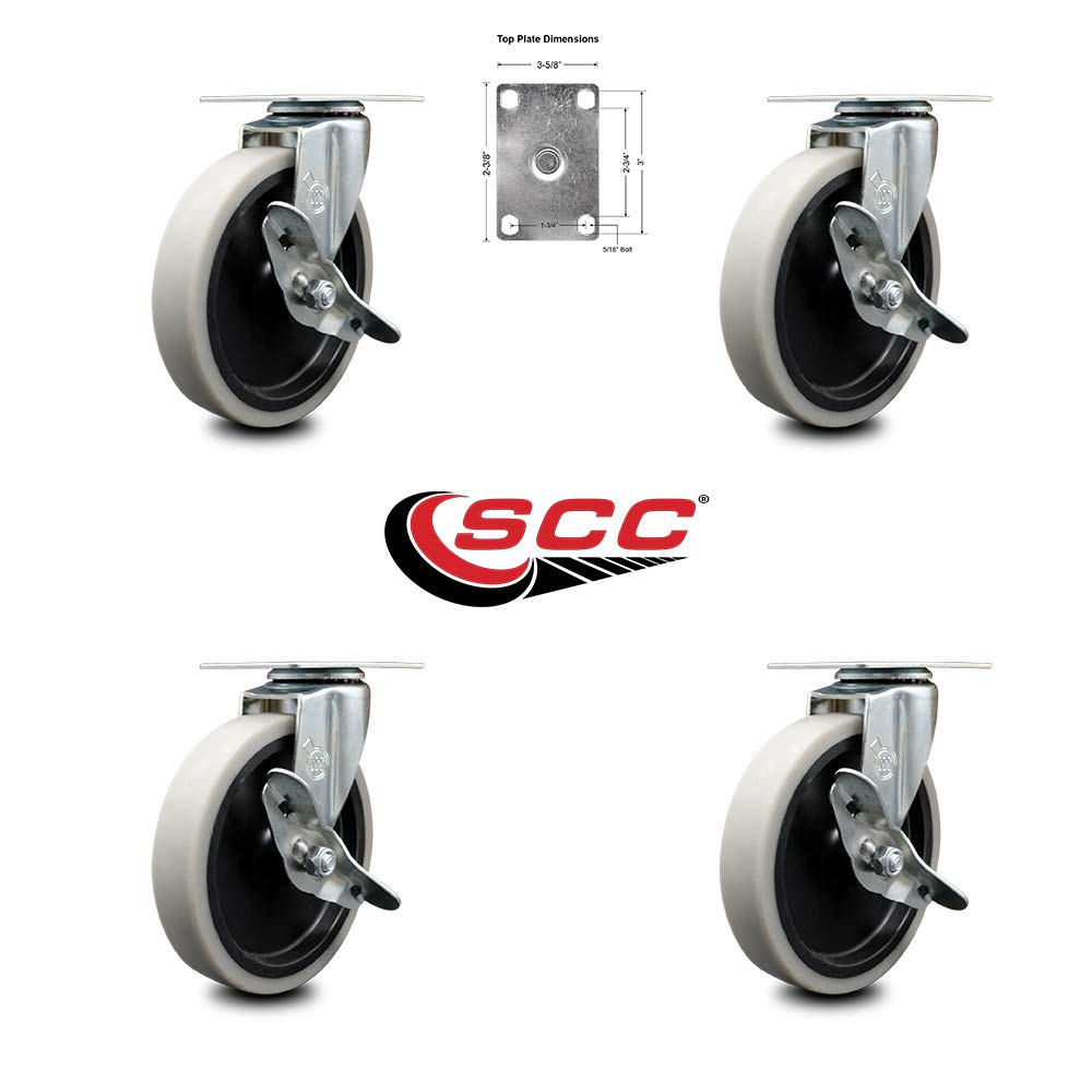 5 Inch Heavy Duty Swivel Caster Wheels with Brake - 520 lbs Capacity - Set of 4 - Thermoplastic Rubber Wheels for Industrial Equipment, Furniture, and Shopping Carts