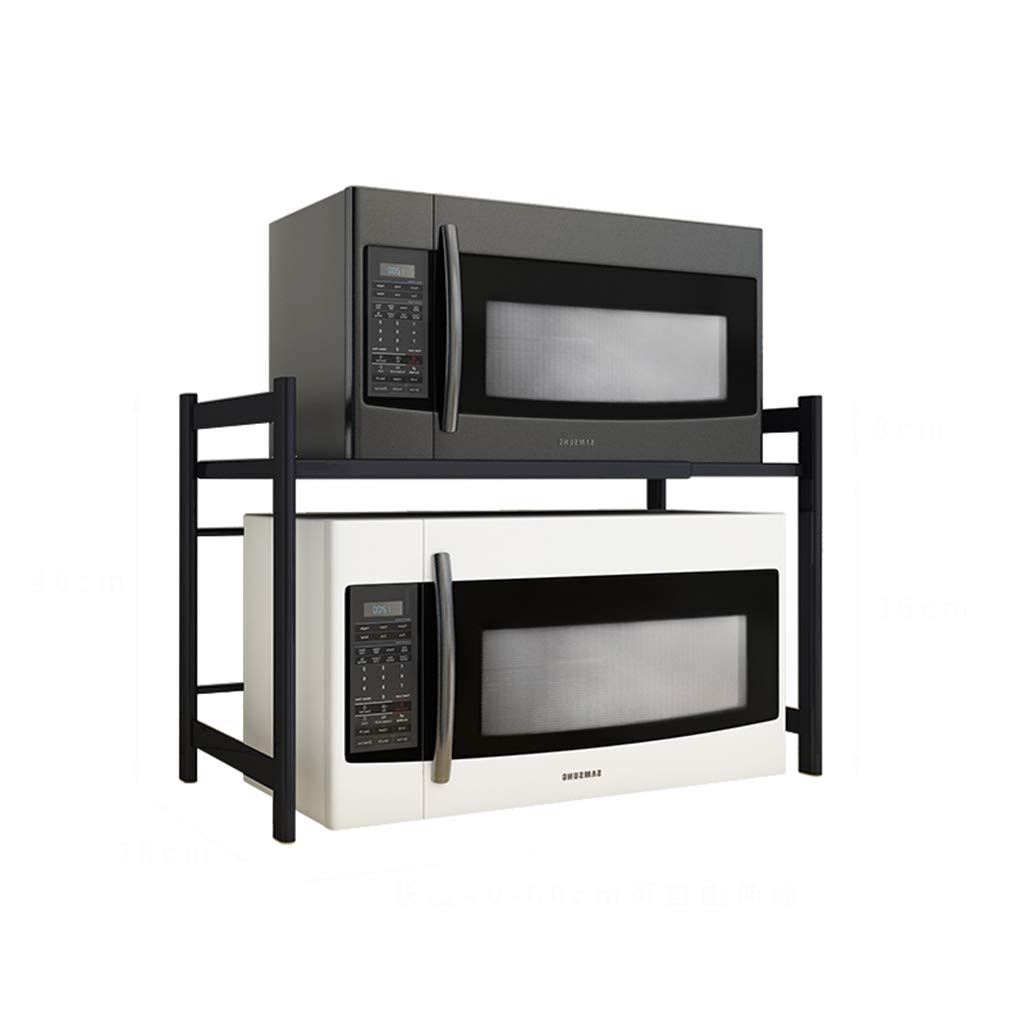 Black 2-Tier Retractable Microwave Oven Stand - Adjustable Kitchen Storage Shelf for Countertop & Floor Use | Space-Saving Organizer for Small Kitchens, Dorms & Apartments