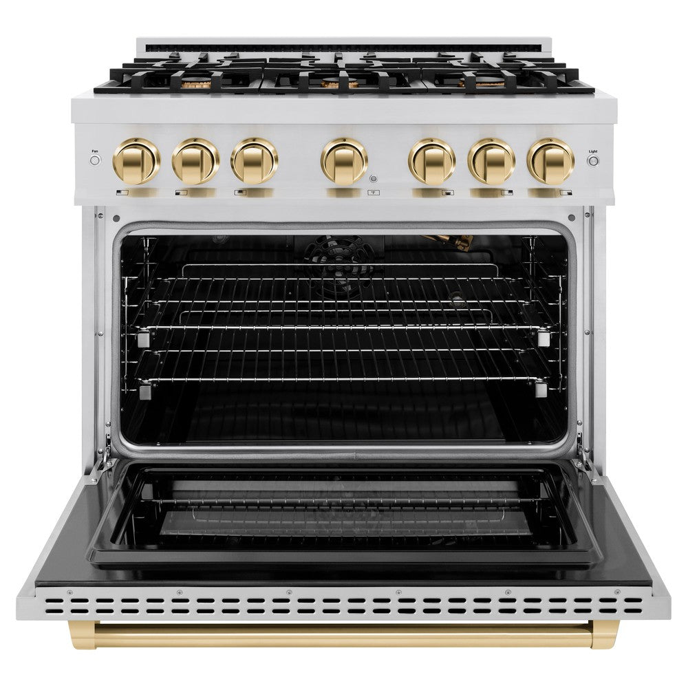 ZLINE Autograph Edition 36 Inch 5.2 Cu. Ft. Select Gas Range with 6 Burner Cooktop & Convection Gas Oven - Stainless Steel with Polished Gold Accents (HGRZ 36 G) | Professional Kitchen Appliance for Home Chefs & Cooking Enthusiasts