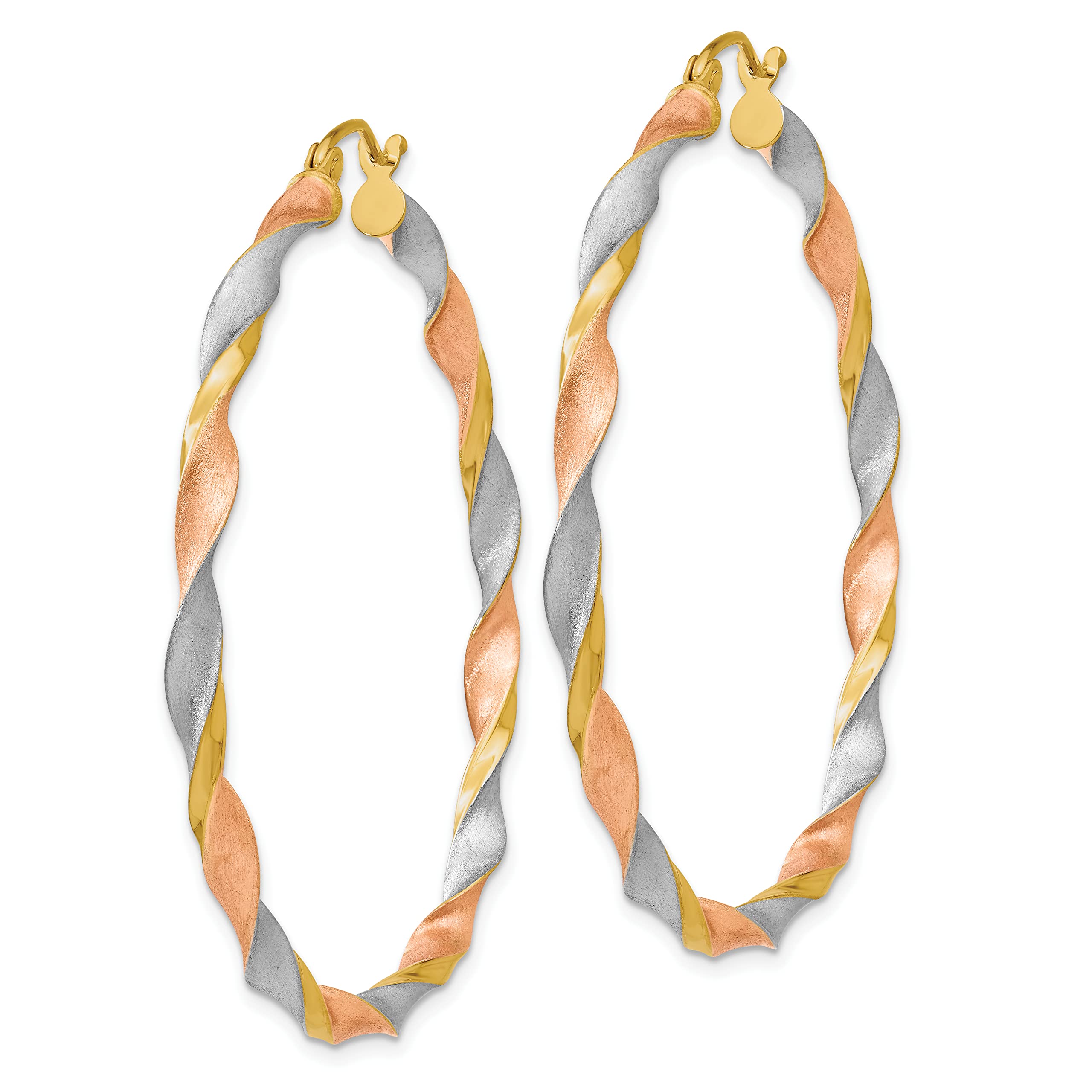 14K Yellow Gold White & Rose Rhodium Satin Twisted Hoop Earrings for Women - 50mm Elegant Dangle Earrings for Party, Wedding & Everyday Wear
