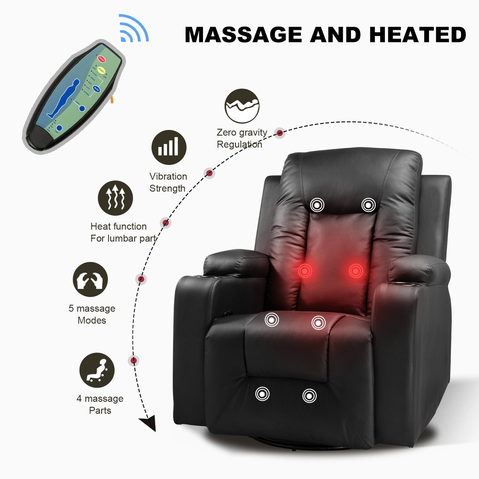 COMHOMA PU Leather Recliner Chair with Heat and Massage - Swivel Rocking Chair for Adults, Single Sofa Seat with Cup Holders & Side Pockets - Perfect for Living Room, Bedroom, Home Theater & Relaxation (Black)