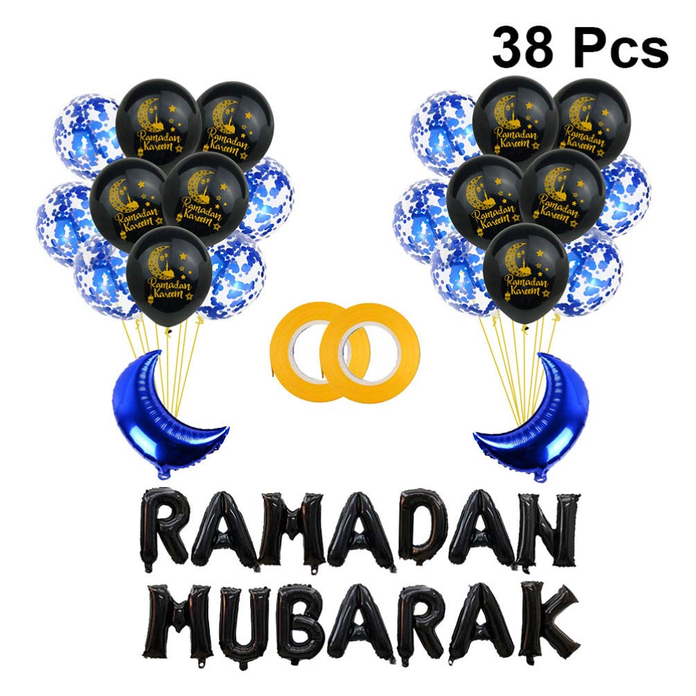 SOIMISS 38pcs Eid Mubarak Foil Balloons - Ramadan Moon & Star Latex Balloon Set with Ribbon - Islamic Festival Party Decorations for Eid Al Fitr, Eid Al Adha, Home & Mosque Celebrations
