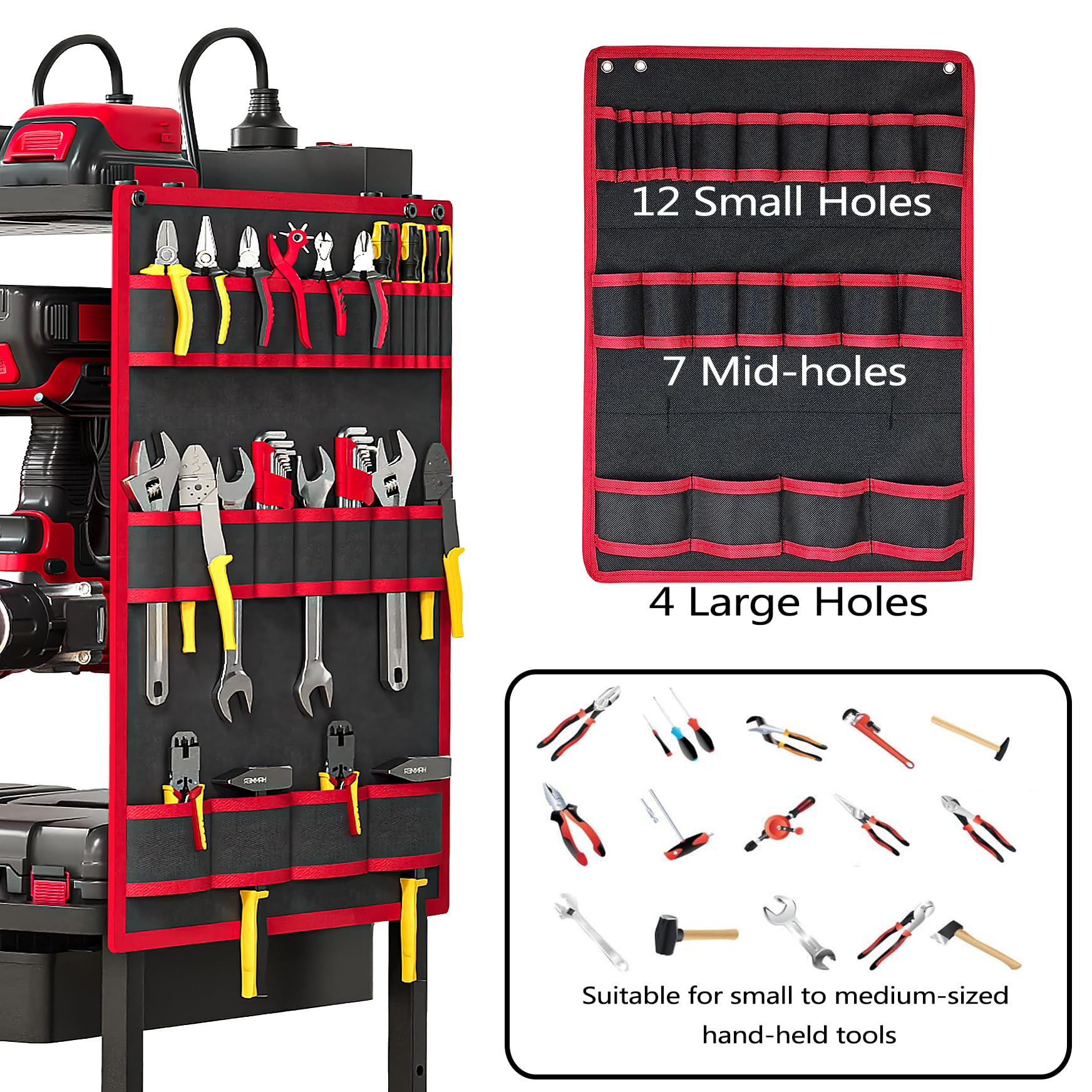 Heavy-Duty Power Tool Organizer Cart with 8-Outlet Charging Station | Mobile Tool Storage with DIY Drawer, Wheels & Power Strip | Utility Rack for Power Tools, Batteries & Repair Equipment (Red) | Perfect for Garage Workshops, Construction Sites & DIY Projects