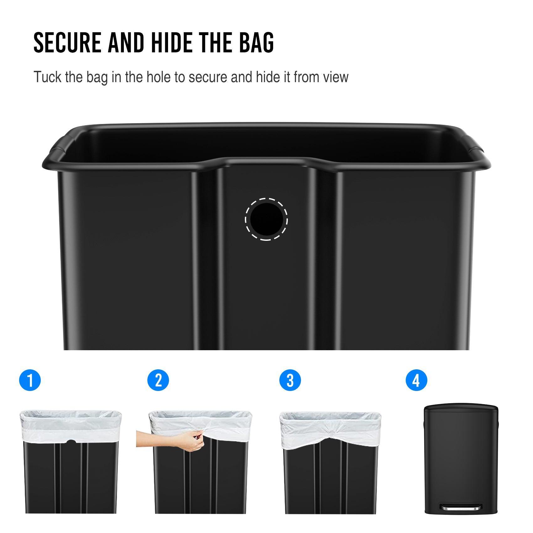 13 Gallon 50L Stainless Steel Step Trash Can with Soft Close Lid - Rectangular Kitchen Garbage Bin Includes 30 Trash Bags - Perfect for Home, Office, and Restaurant Use